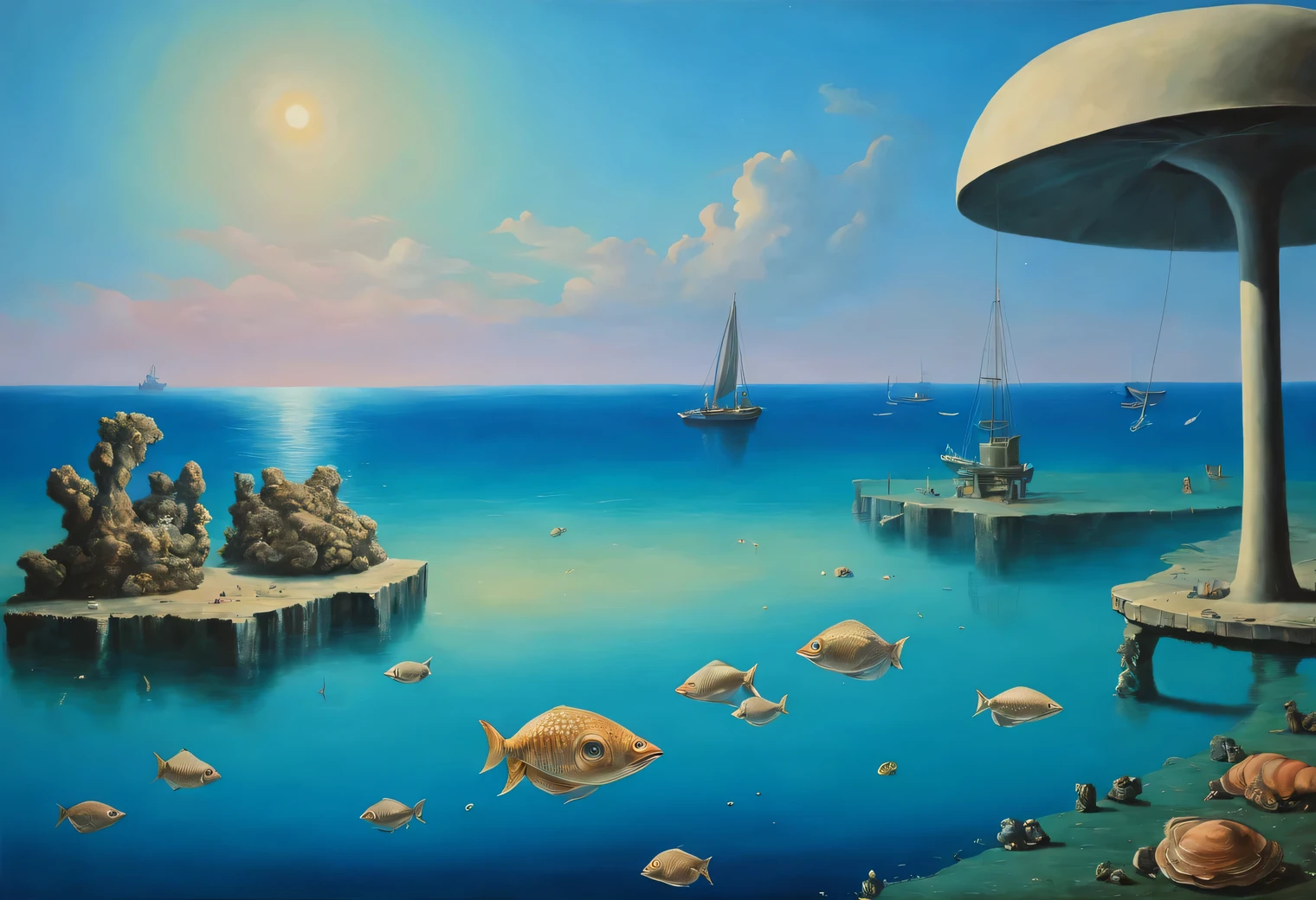 Magic Pictures, surrealism, Vanguard, Abstraction, Optical illusions, optical effects in the picture, combination of styles, Hidden meanings, oil, canvas, at the bottom of the sea with clear azure water, living politicians with briefcases in business suits, Sea shells, stingrays, Flying fish, Ivan Aivazovsky, Yves Tanguy, Giorgio de Chirico