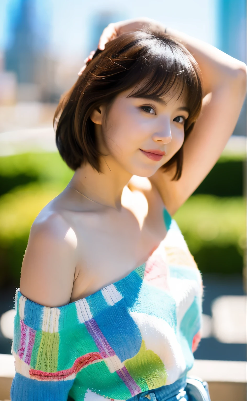 1girl, (looking at viewer), (bokeh:1.1), closed mouth,light smile, realistic, arm up, off shoulder,
pants, skyline,
best quality, (photorealistic:1.4), ultra highres, llfMasami Nagasawa