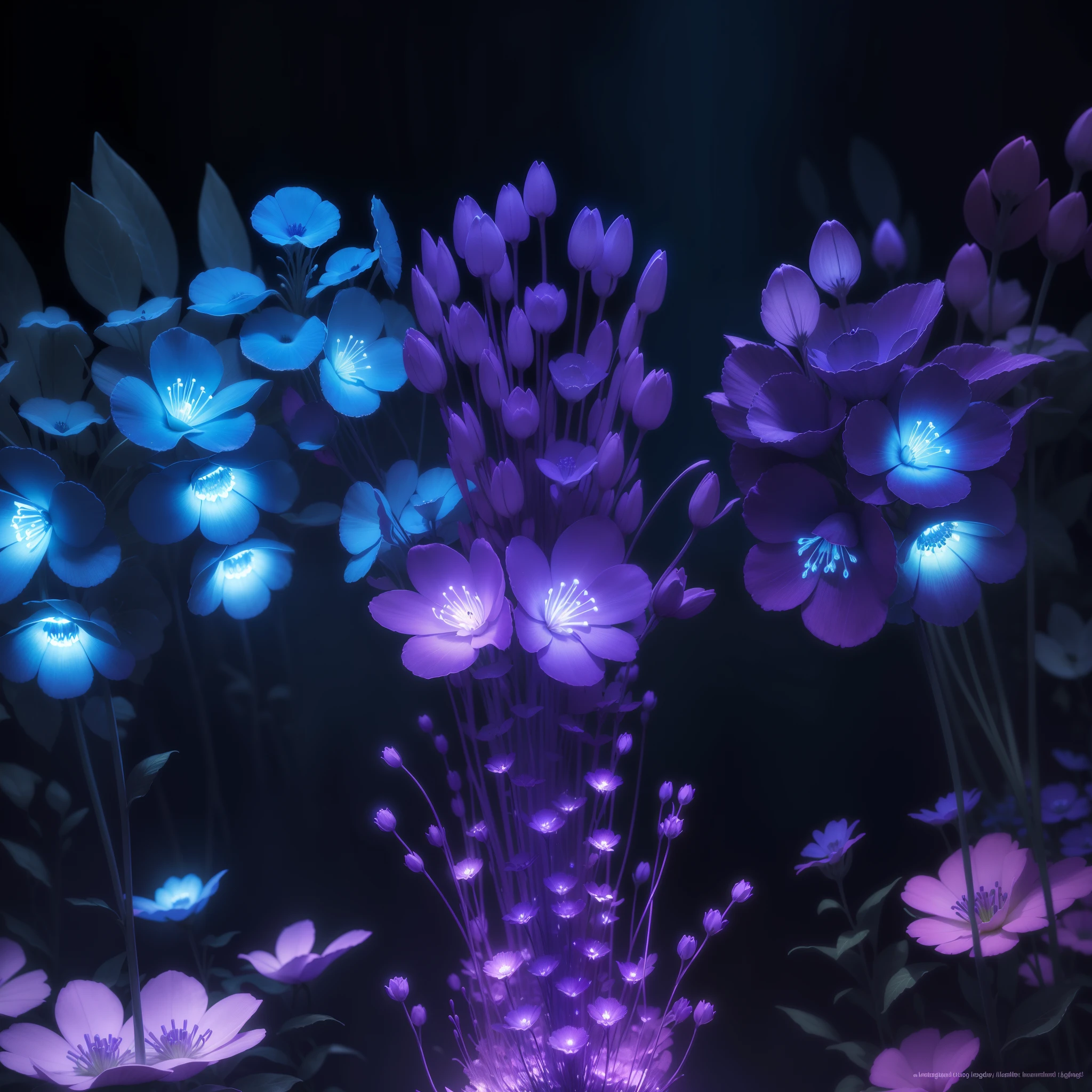 purple flowers with blue lights in the dark, digital art by Bruce Munro, flickr, digital art, glowing flowers, luminous flowers, bioluminescent plants, with glowing blue lights, glowing neon flowers, bioluminescent cyber - garden, luminescent plants, glowing blue, lights with bloom, glowing plants, beautiful blue lights