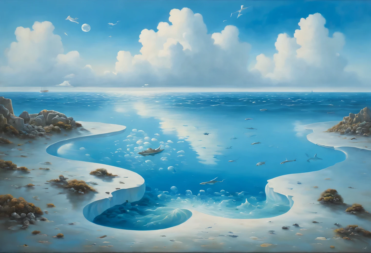 surrealism, abstraction, Optical illusions, optical effects in the picture, combination of styles, (Hidden meanings: 1,3), oil, canvas, (A blue sky with white clouds flows down to the bottom of the ocean with clear azure water and spreads along the bottom as a thick blue puddle..) , Sea shells, morning delirium, marine reptiles, scared fish, (Ivan Aivazovsky:1.2), Yves Tanguy, Giorgio de Chirico, Salvador Dali, Paul Delvaux, (Rob Gonsalves:1.2), Means Varo Urangi