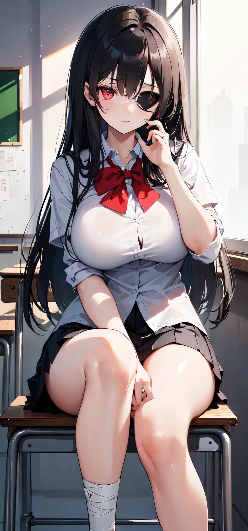 ((masterpiece, best quality)), High resolution, distinct image, (1girl), (solo), (female Focus), sitting on chair, (gotich style, black school uniform, eye patch, bandage at harm), (long black hair), (red eyes), (eyelashes), (large breasts 1.4),  classroom, school oficial art, 
