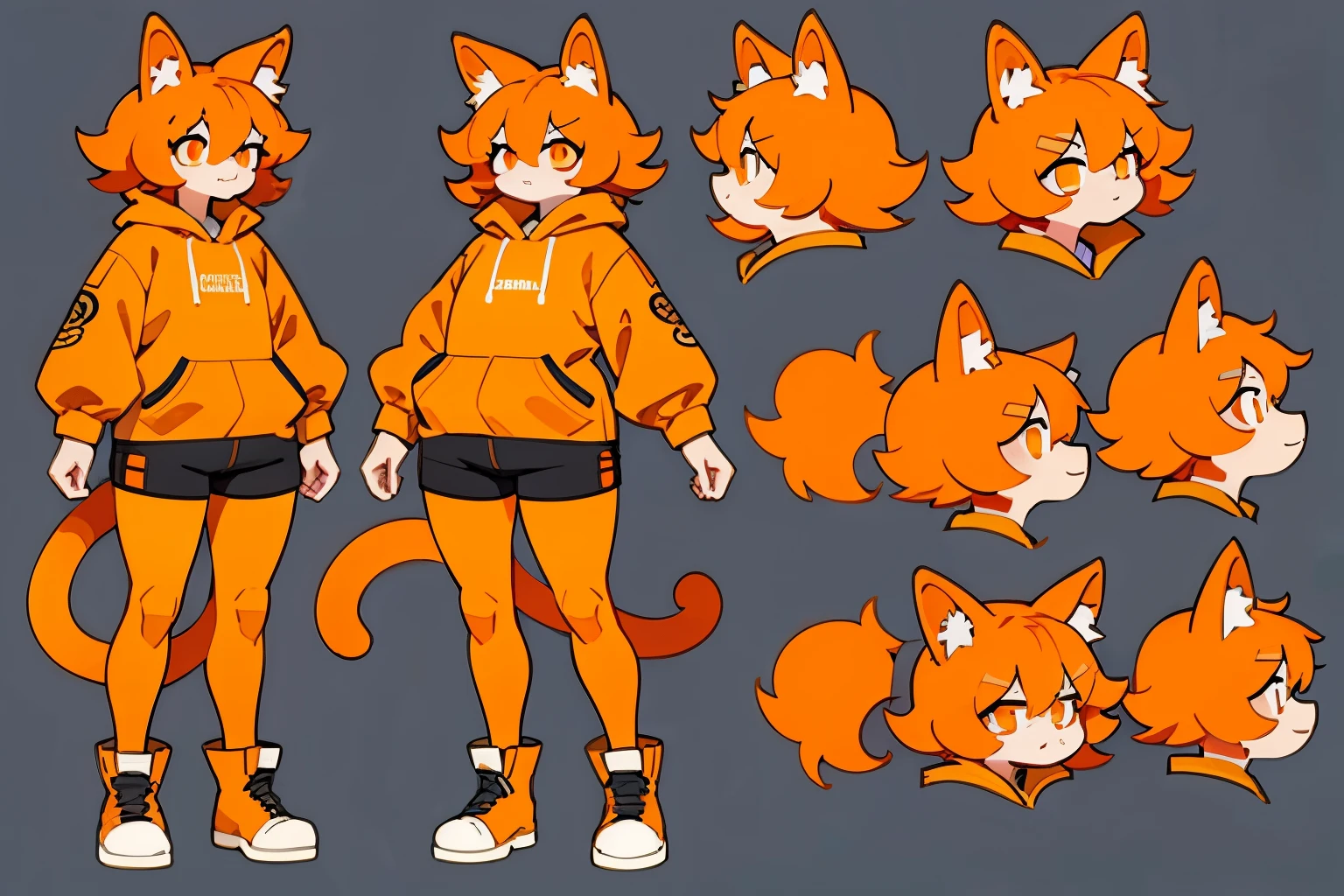 A girl (Fat) with orange eyes and orange floofy hair, orange cat ears, wearing a orange hoodie and black shorts, cat tail, with a chill expression on her face (garfield) character sheet style