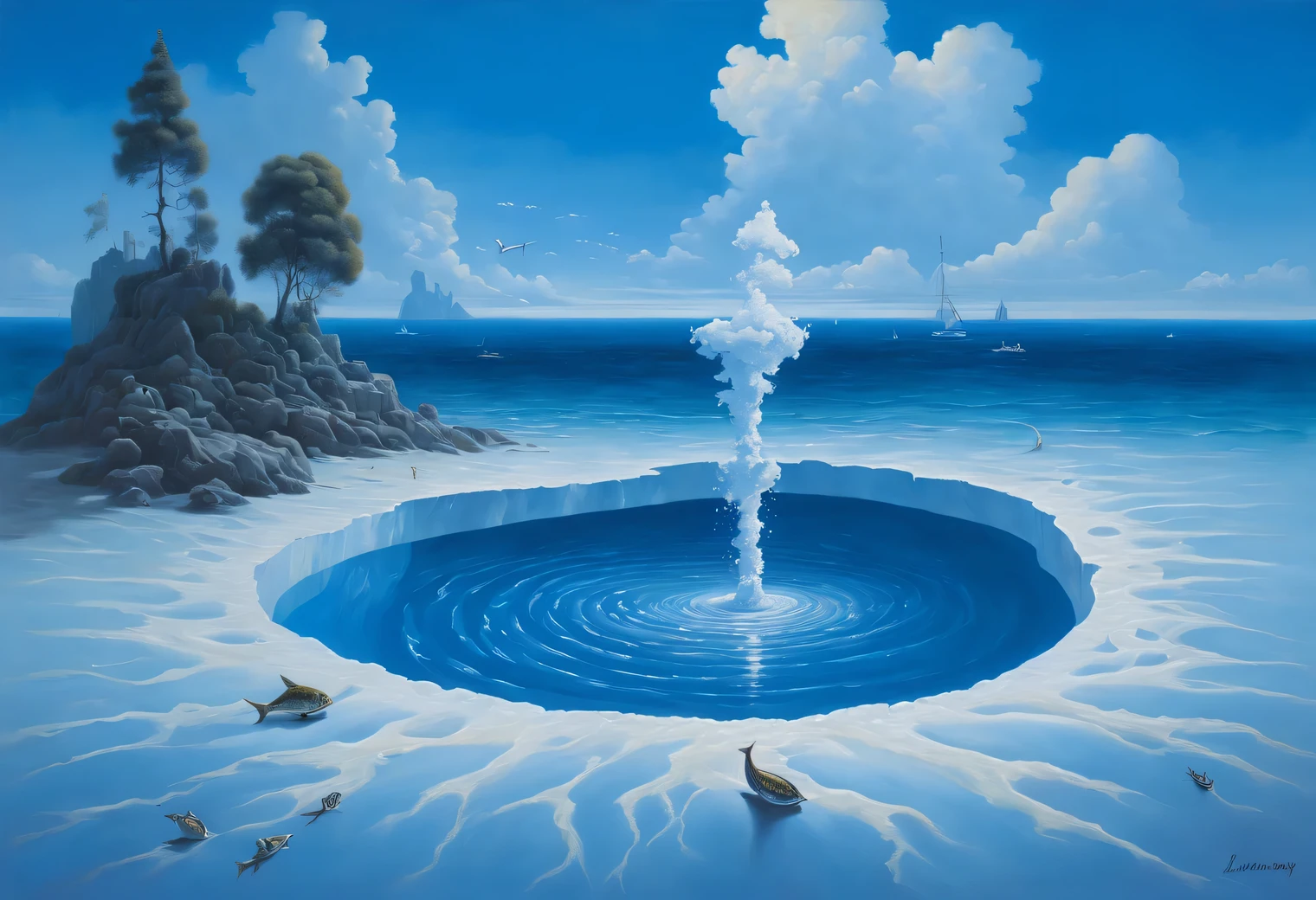 surrealism, abstraction, Optical illusions, optical effects in the picture, combination of styles, (Hidden meanings: 1,3), oil, canvas, (A blue sky with white clouds flows down to the bottom of the ocean with clear azure water and spreads along the bottom as a thick blue puddle..) , Sea shells, morning delirium, marine reptiles, scared fish, (Ivan Aivazovsky:1.2), Yves Tanguy, Giorgio de Chirico, Salvador Dali, Paul Delvaux, (Rob Gonsalves:1.2), Means Varo Urangi
