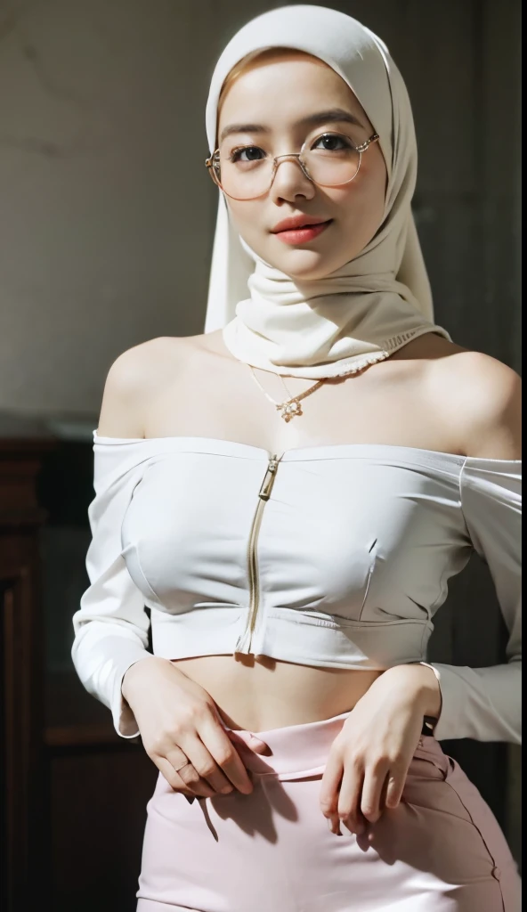 (iu:0.8).cleavage, RAW, Best quality, high resolution, Masterpiece: 1.3, two Beautiful glasses hijabi java girls wearing croptop and boyshort, Masterpiece, Soft smile