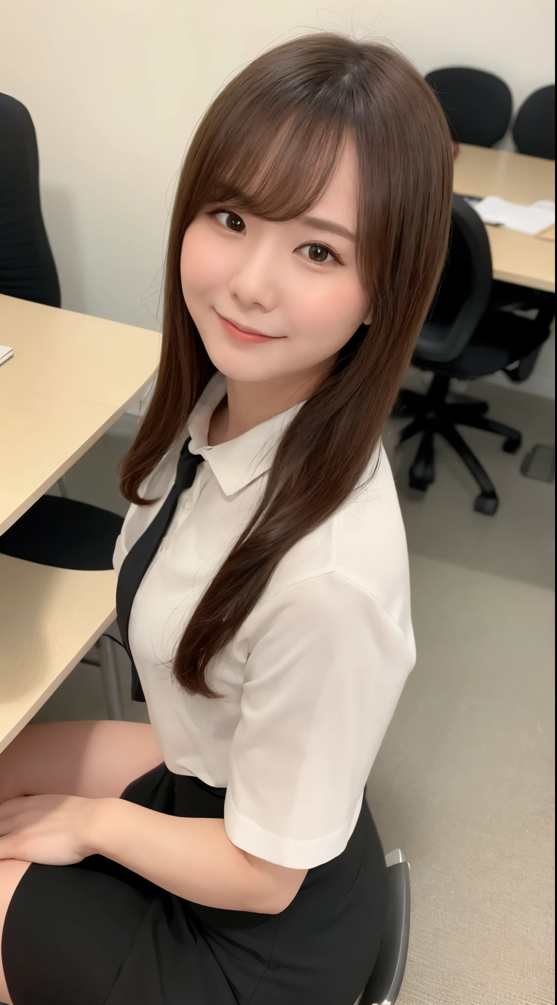 (Best quality, 8k, 32k, Masterpiece, UHD:1.2), from behind, 1 walking girl, beautiy Japanese office lady, (smile:0.5), (looking at the the viewer), 30 years old, bit chubby, white shirt, black skirt, office room, desk, detailed beautiful face, twin-tail hair, from below,

teeth, open mouth, 