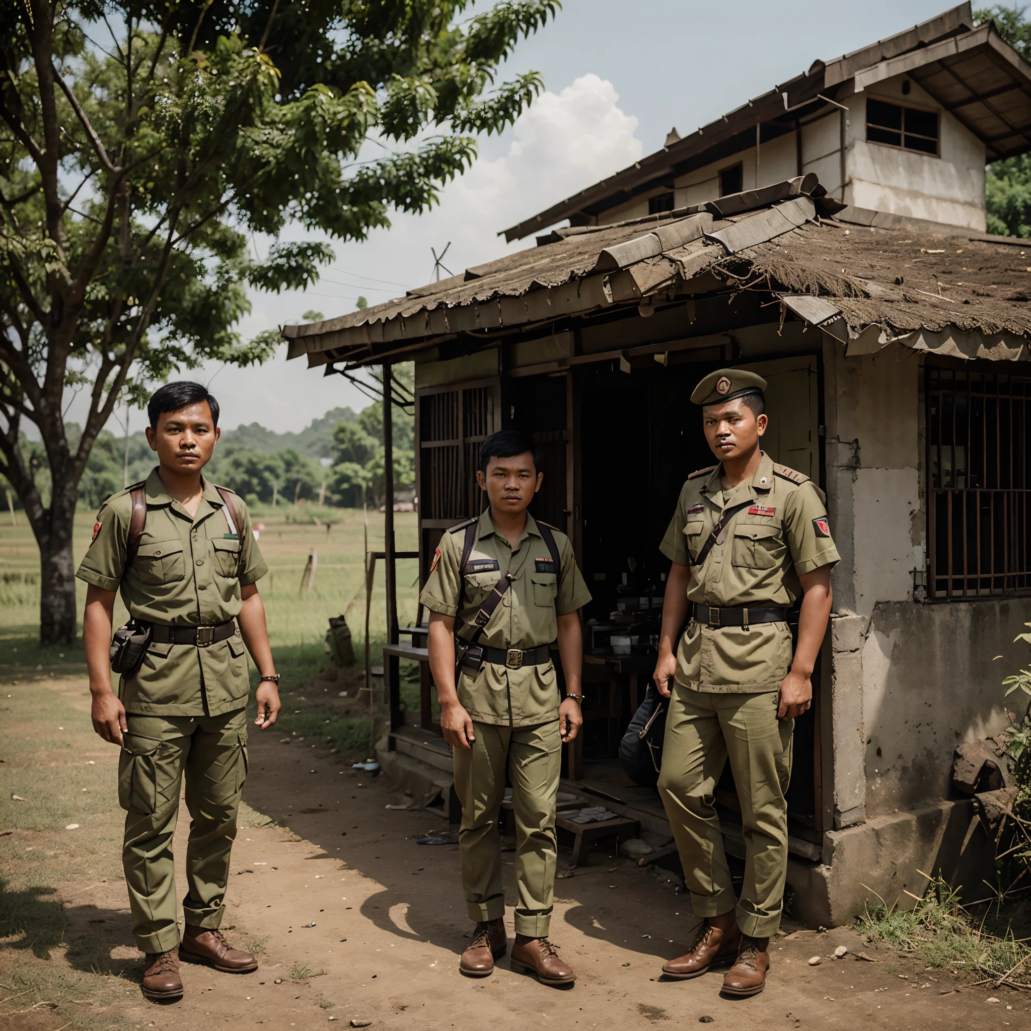 an Indonesian man with short hair dressed as a soldier in a rural setting portrait