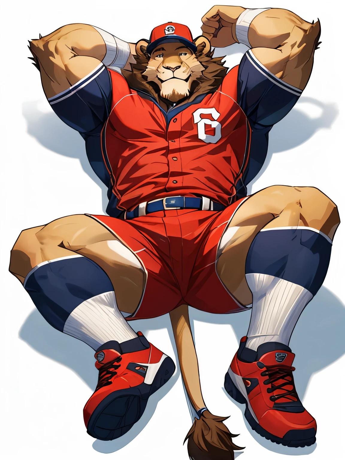 Lion, good looking, male, anthro, ultradetailed, muscular, solo, bareness, rippling muscles, muscles, simple background, white background, tail, smiling, lying, open legs, baseball uniform, furness, baseball cap,