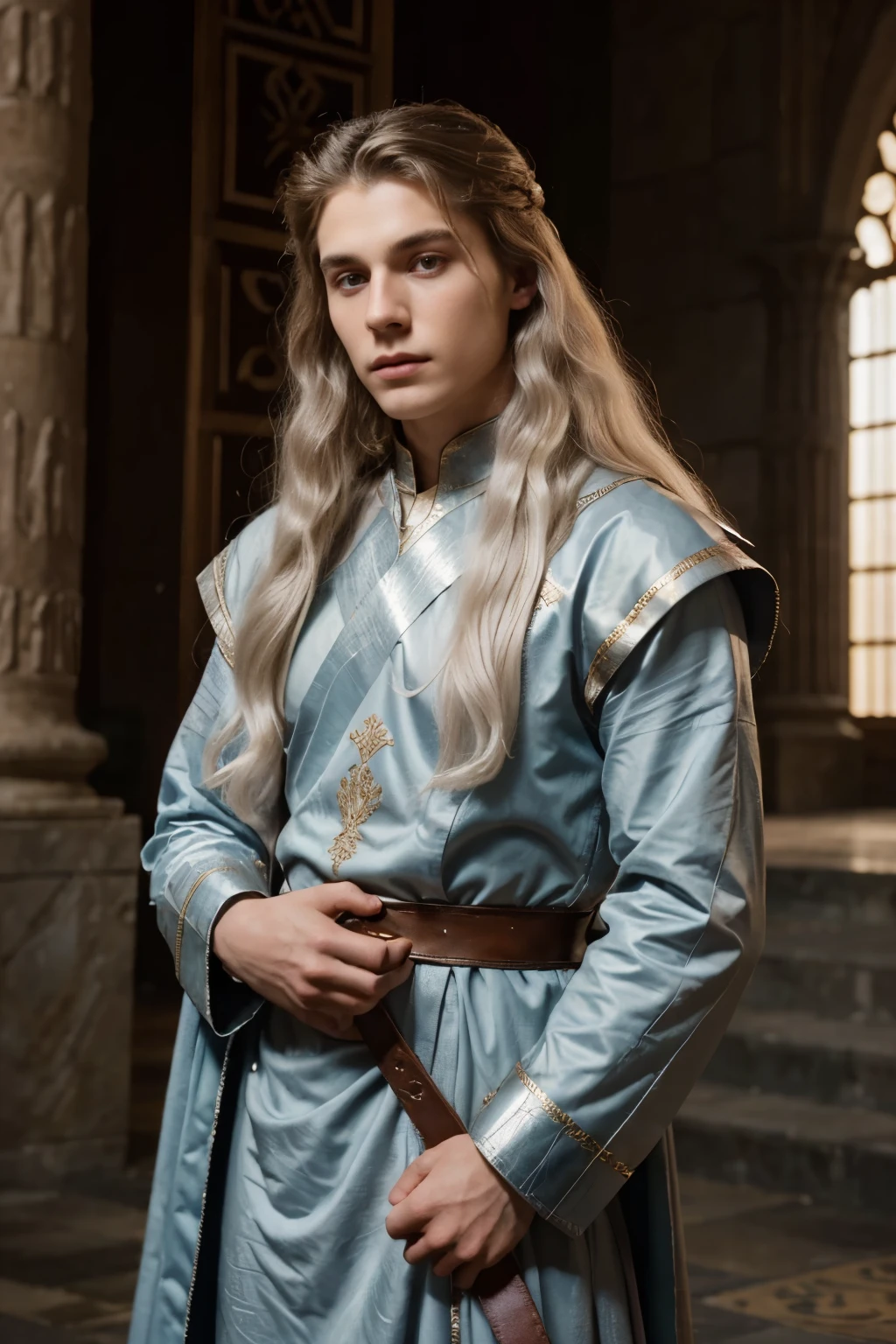 Picture a figure of regal stature, 20 years old young Prince, white hair, long hair, red dress with the armor, noble features of the ancient Valyrian bloodline, with sharp, angular contours and piercing violet eyes that seem to hold the wisdom of ages past. he carries himself with the confidence of a warrior born, a conqueror destined to leave his mark upon the annals of history,Enhance