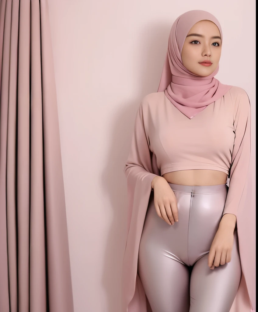 mira filzah sexy seducing pose, sunrise beach, morninira filzah:1.6), wearing hijab, pastel color hijab, red pastel short gym outfit, small , small breast, flat chest, wide waist, thick thighs, bright lighting, plum camel toe, wet camel toe, wet, high quality, detail face, 16k, ray lighting,