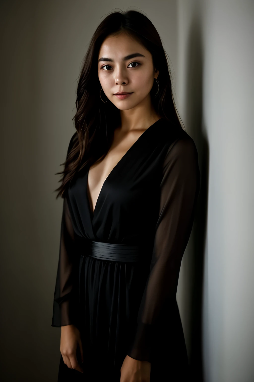 foto cruda, Portrait photo of beautiful face of beautiful 26 years..oh mujer, Cara linda, vistiendo un vestido negro, cara feliz, sombras duras, cinematic shot, korean dramatic lighting