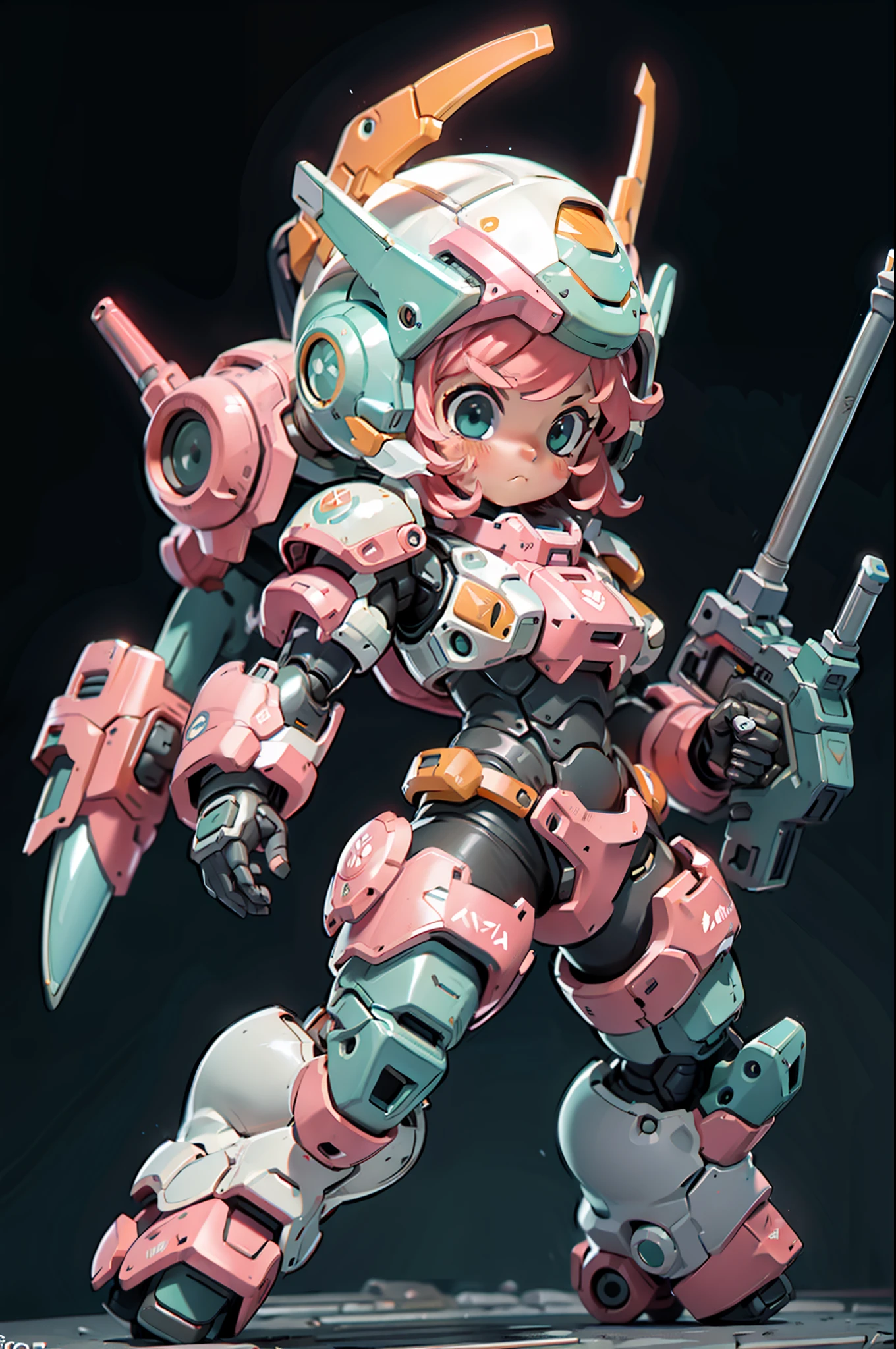 BJ_Cute_Mech,1girl,solo,blush,blue_eyes,holding,closed_mouth,standing,full_body,weapon,pink_hair,chibi,holding_weapon,armor,aqua_eyes,gun,helmet,black_background,clenched_hand,holding_gun,mecha_musume,power_armor,
cinematic lighting,strong contrast,high level of detail,Best quality,masterpiece,White background,