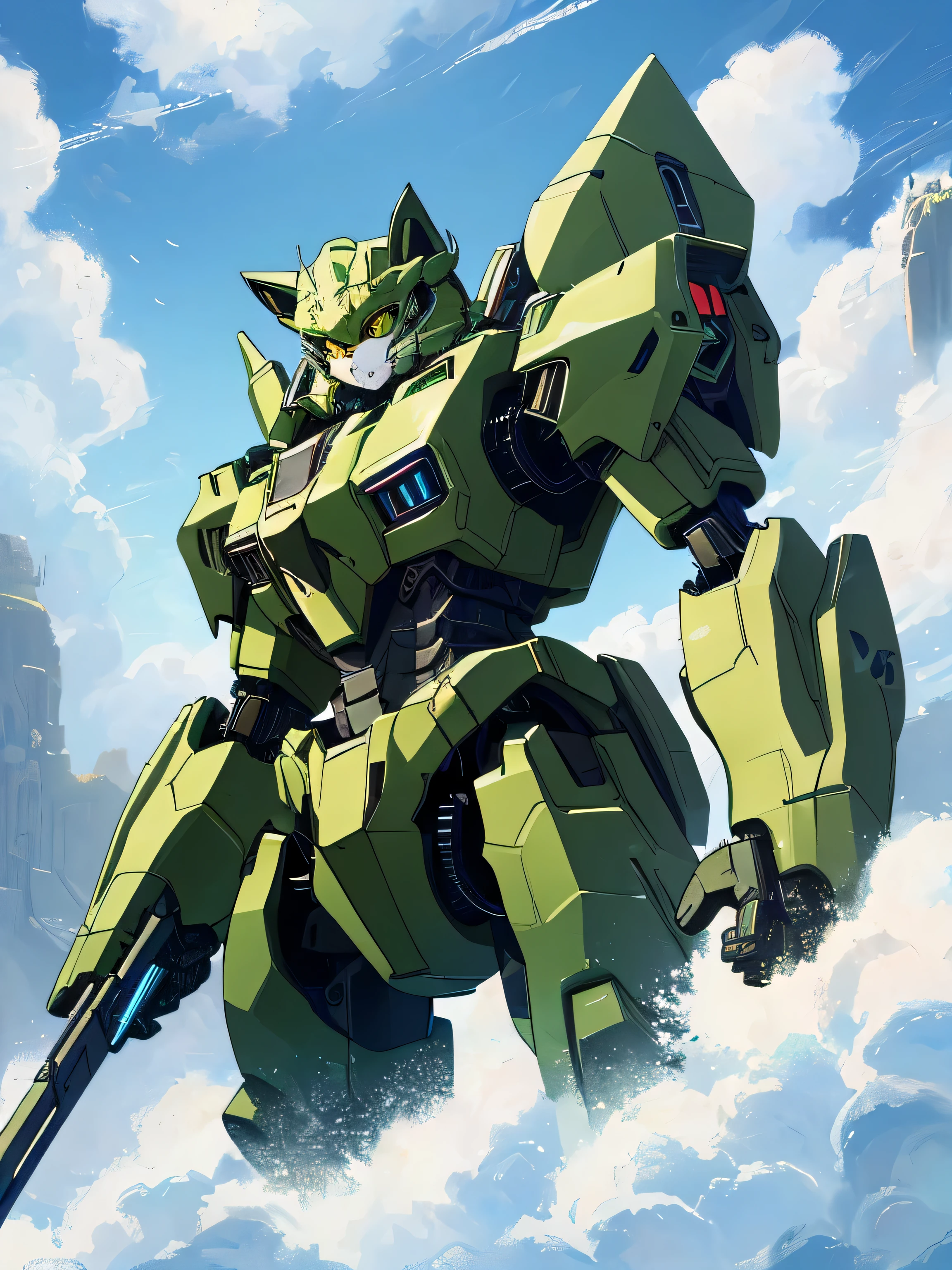 unorganized solution, High resolution, (masterpiece: 1.3), hyper detail, Mecha, (((cat design))),Green armor, floating in the sky (1.8) Against the background of blue sky and white clouds