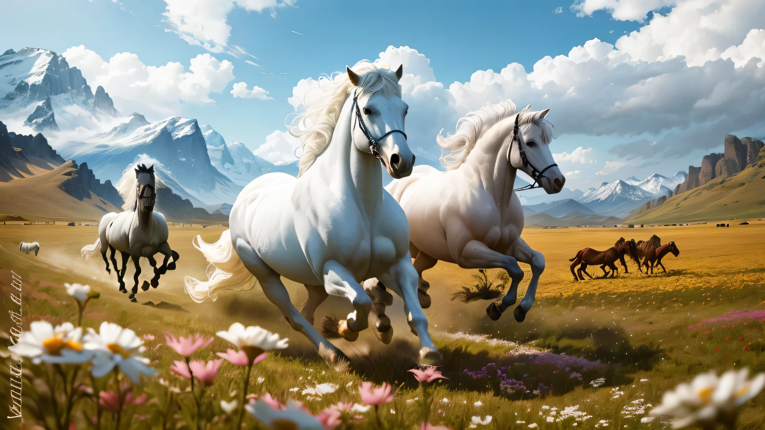 painting of two horses in a field with a tree in the background, Cavalos, Cavalos majestosos, inspirado em John Frederick Herring, Ir.., high quality oil painting, sore oil, uma pintura de prata branca, oil-painting", oil-painting ", oil painting real photo, um cavalo todo branco, beautiful oil painting, masterpiece oil painting, pintura animal, inspirado em John Frederick Herring