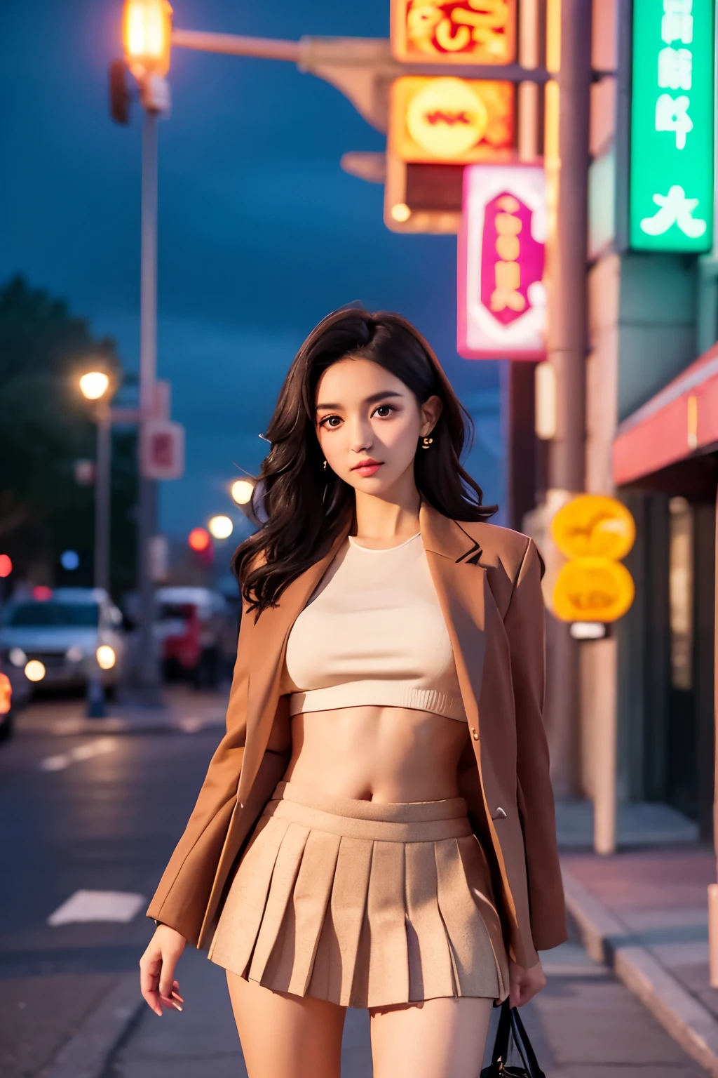 lovely young woman, short black hair, brown eyes, Queen,pleated skirt suit,street lamp,neon lights,bustling street background,(navel:1.1,princess eyes), noble, Royalties, high quality, masterpiece, Very detailed