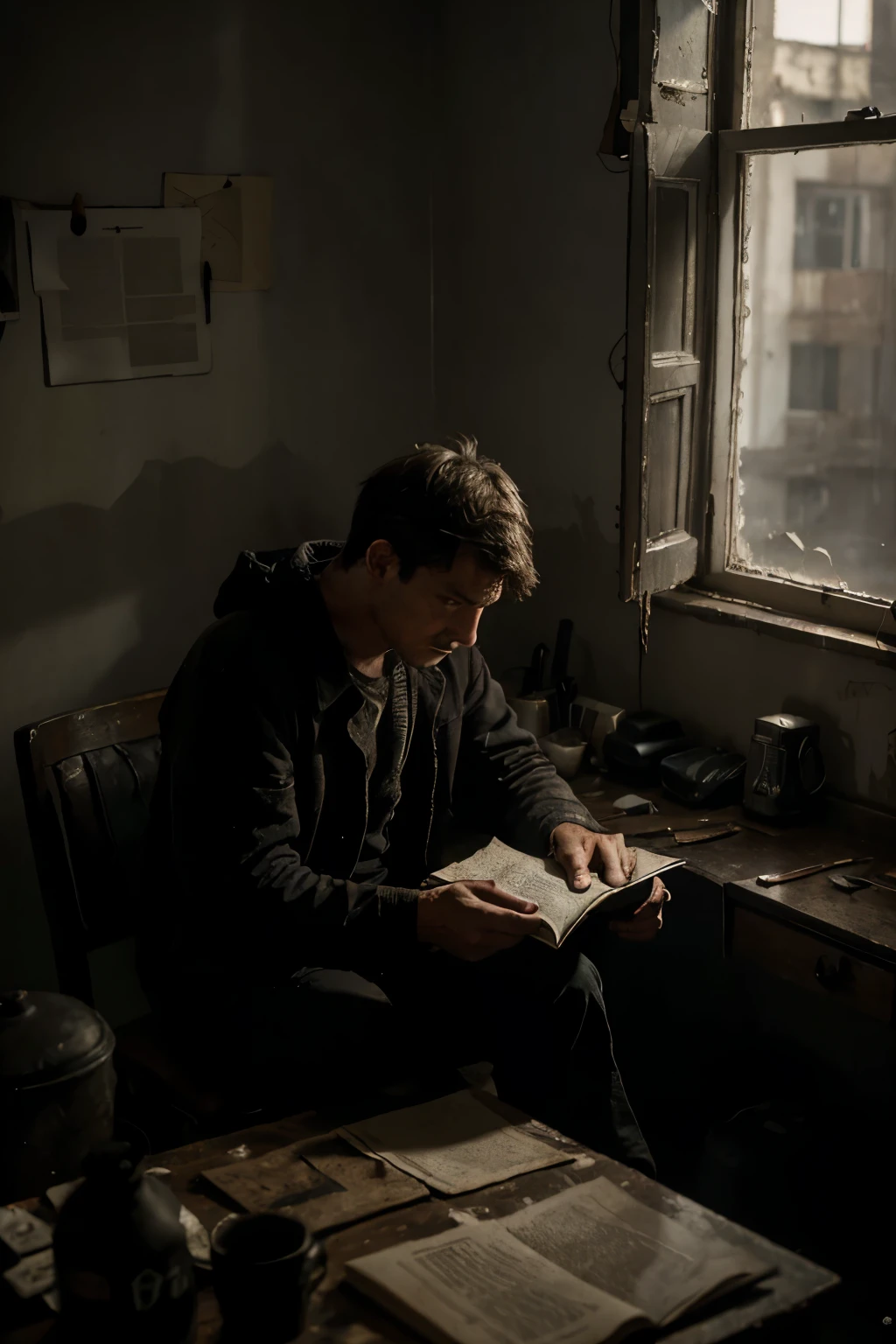 (best quality,4k,highres:1.2),dark and moody scene,worn-out impoverished house,thin and gaunt young man intensely studying,defocused background,messy room,limited light source,dusty atmosphere,old and shabby furniture,faded and tattered books,dirty windows,malnourished appearance,dimly lit desk,subdued color palette,stark contrast between light and shadow,isolated and solitary figure,struggling to improve his life,desperate determination,evocative and somber mood.