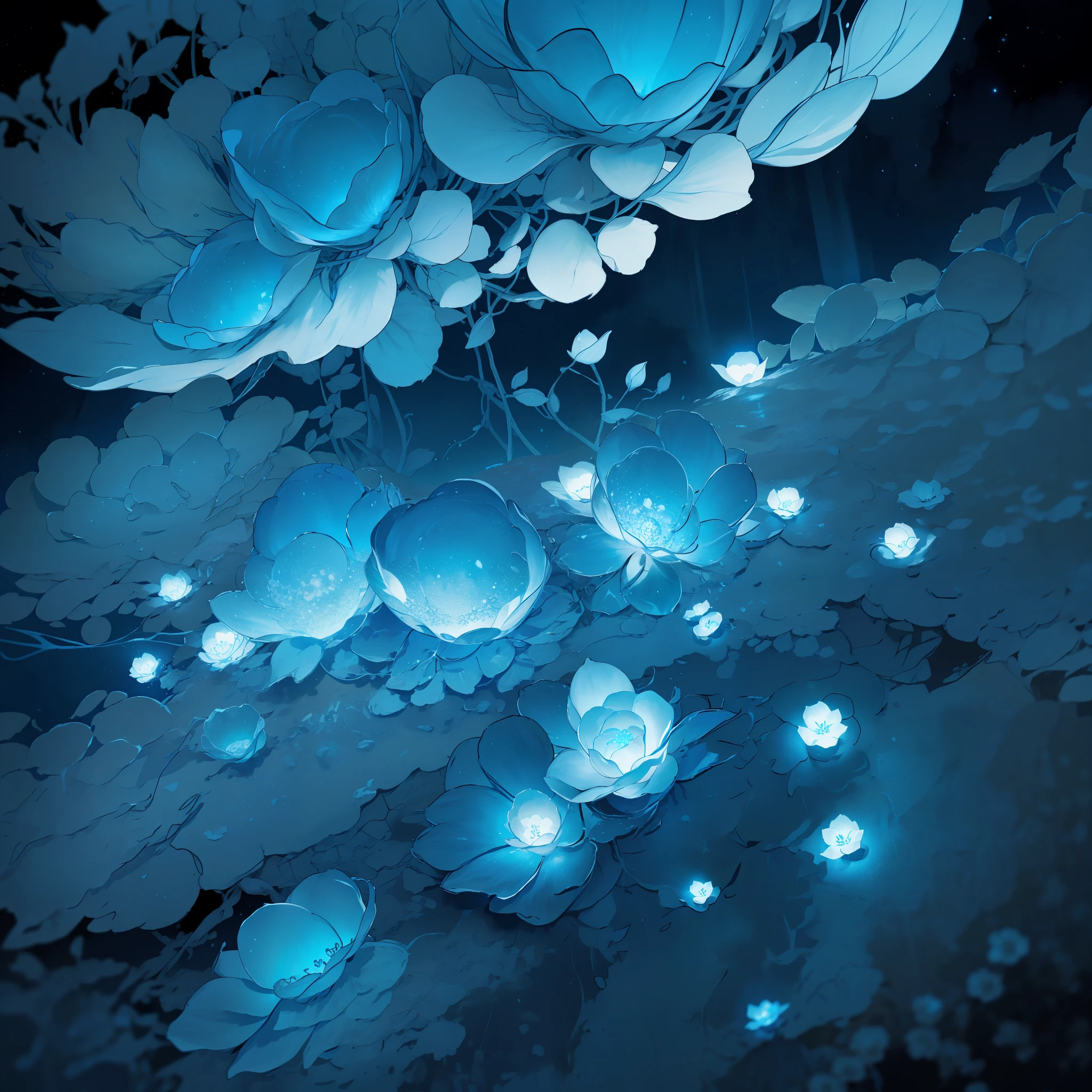 there are many white flowers in the dark with a black background, glowing flowers, luminous flowers, beautiful blue lights, glowing blue, bioluminescent plants, night sky full of flowers, by Bruce Munro, blues. beautiful, ethereal blue lighting, blue lights, field of flowers at night, blue flowers, blue bioluminescence