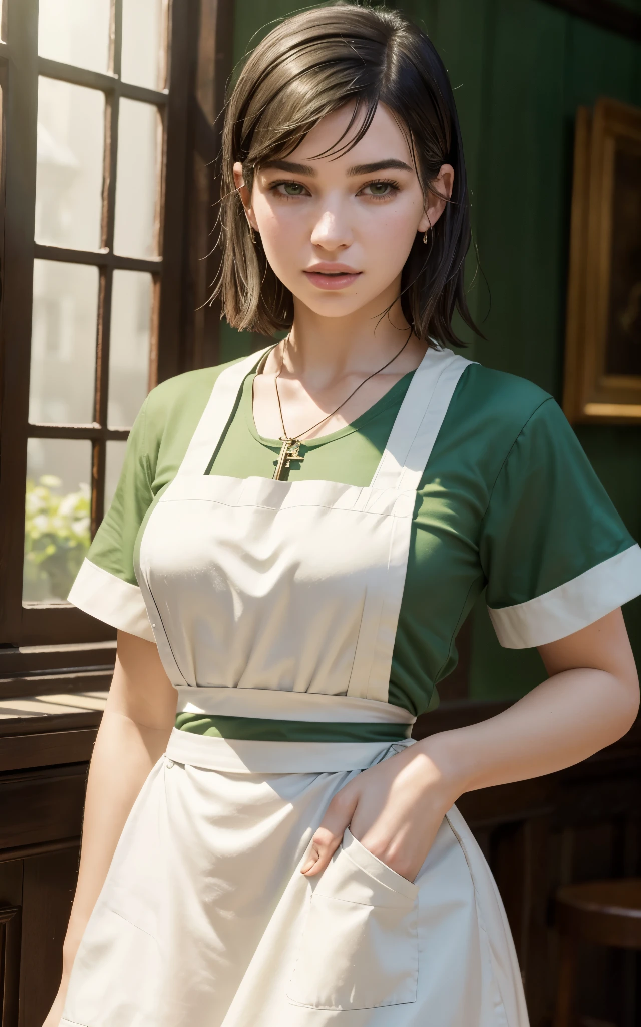 (Dua Lipa:Evangeline Lilly) waitress, ((white apron)), ((green shirt)), 1920 style, masterpiece, Lovecraft atmosphere, (pendant of a key), hyperdetailed, ((rule of thirds))