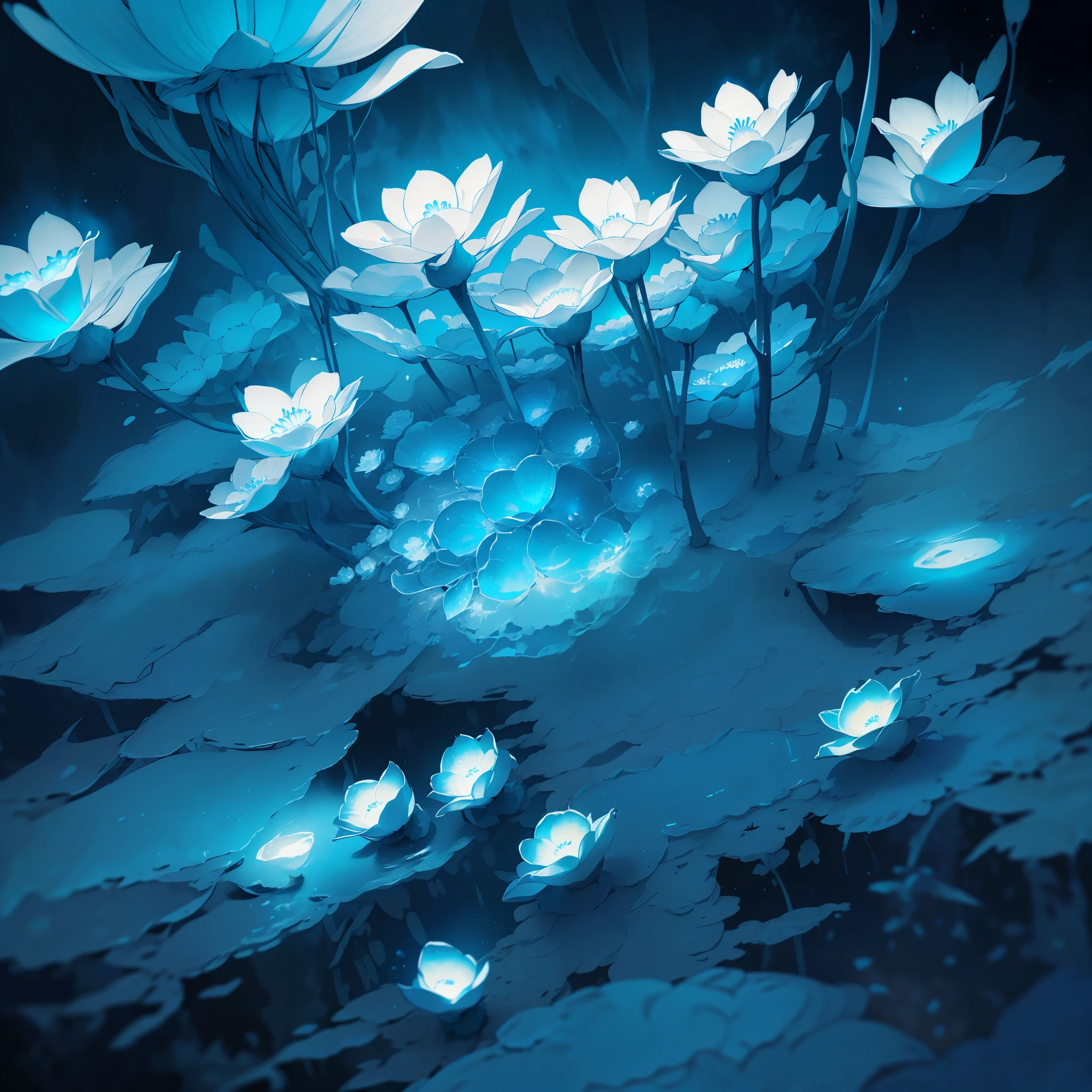 there are many white flowers in the dark with a black background, glowing flowers, luminous flowers, beautiful blue lights, glowing blue, bioluminescent plants, night sky full of flowers, by Bruce Munro, blues. beautiful, ethereal blue lighting, blue lights, field of flowers at night, blue flowers, blue bioluminescence