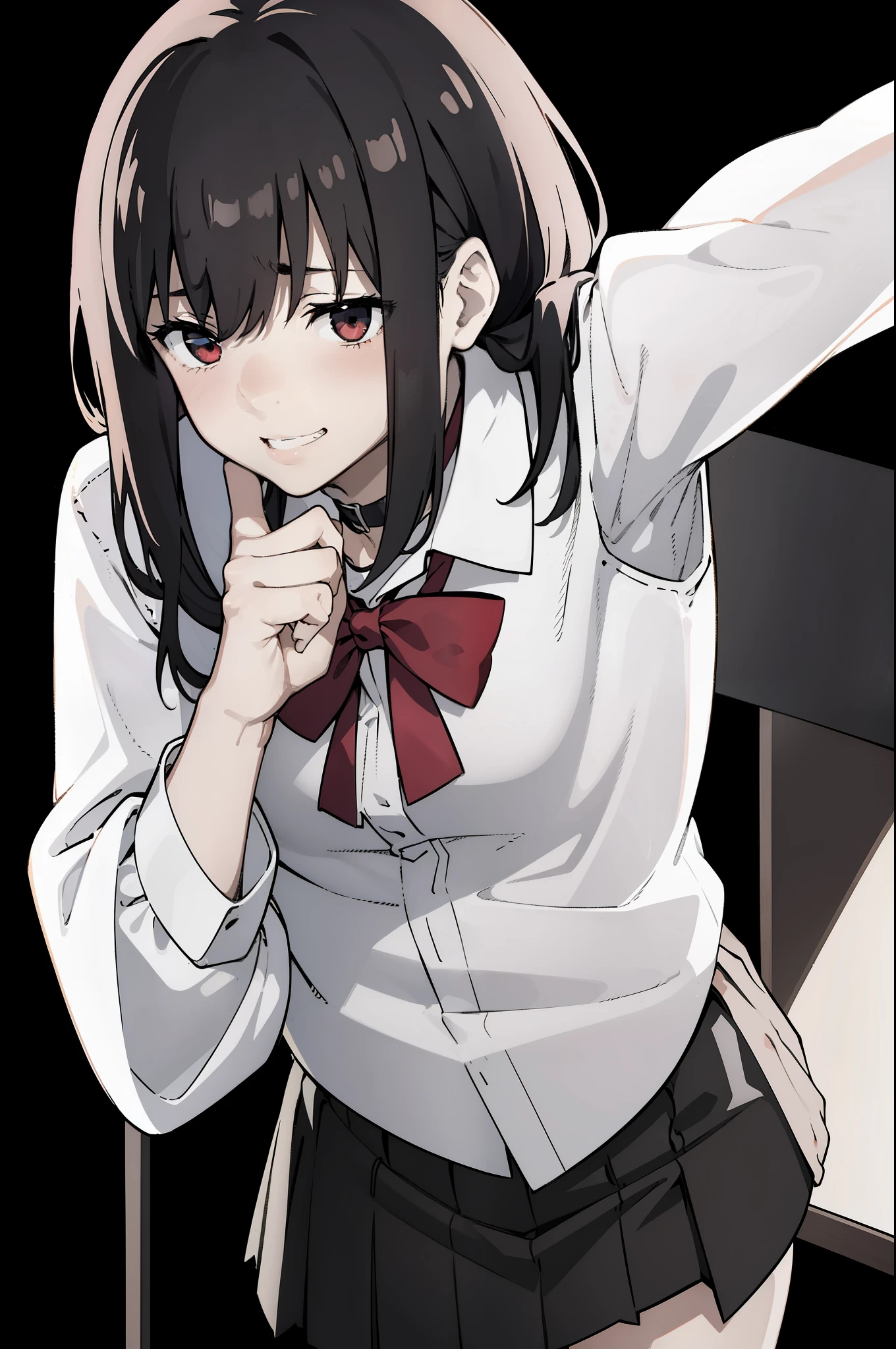 (masterpiece, perfect hands), ((manga illustration, simple black background, black background)), full body, inside, 1girl, solo, alone, (standing, beautiful lighting), (medium shot of character, full shot), hands, masterpiece, best quality, 1girl, facing viewer:3, perfect hands, detailed fingers, Highres, girl with red eyes and a playful grin, playful grin, (school uniform, red bow on collar, white thigh-highs, white leggings:1, black skirt, black pleated skirt:1, black neck choker, white shirt, detailed chestnut brown hair hair, long dark brown hair, beautiful cute face, body, anime girl), both elbows, [standing], elbows, hands at sides,
