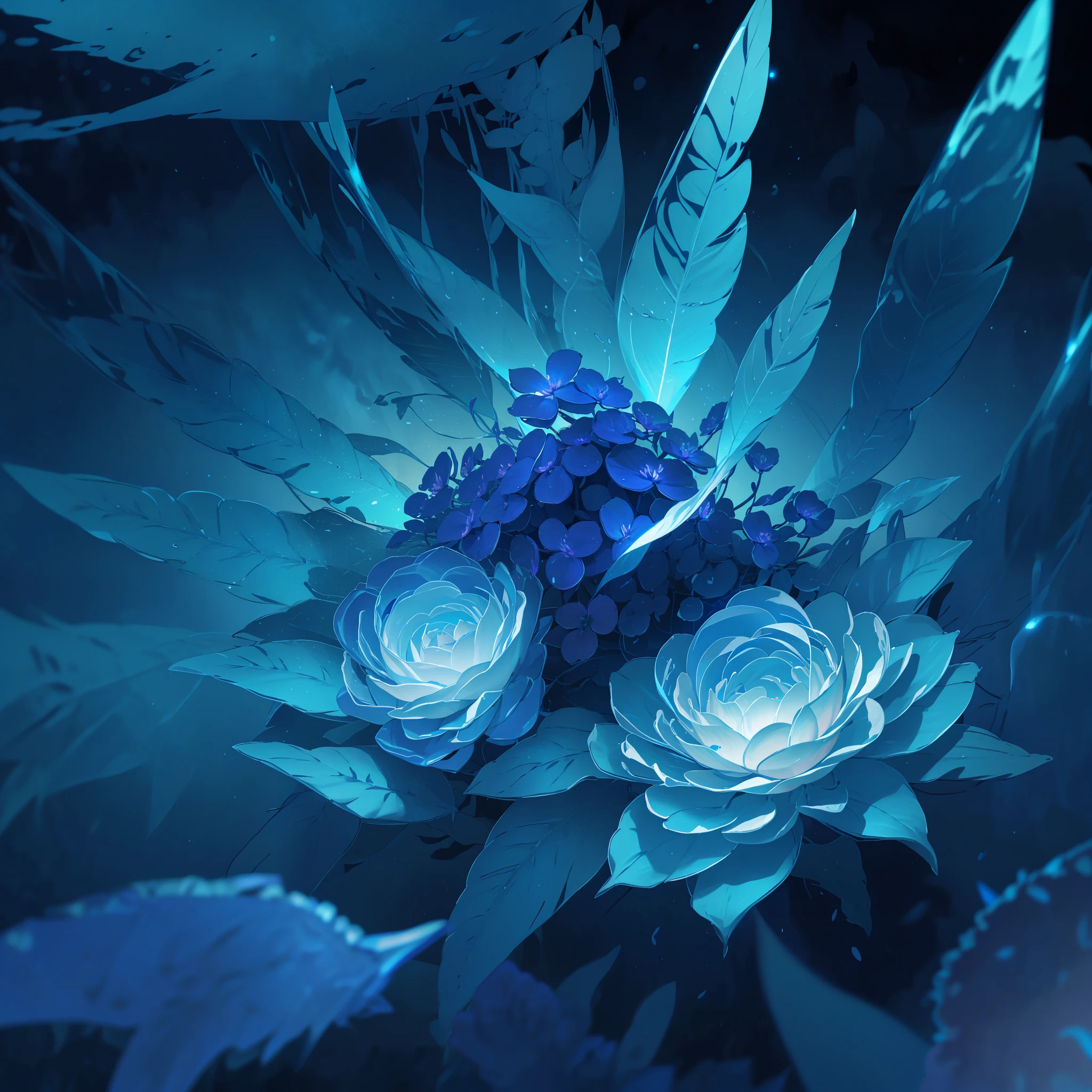 there are many white flowers in the dark with a black background, glowing flowers, luminous flowers, beautiful blue lights, glowing blue, bioluminescent plants, night sky full of flowers, by Bruce Munro, blues. beautiful, ethereal blue lighting, blue lights, field of flowers at night, blue flowers, blue bioluminescence
