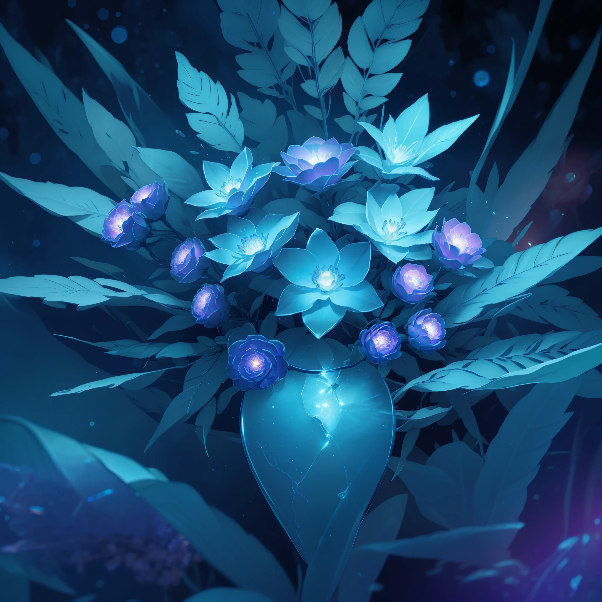 there are many white flowers in the dark with a black background, glowing flowers, luminous flowers, beautiful blue lights, glowing blue, bioluminescent plants, night sky full of flowers, by Bruce Munro, blues. beautiful, ethereal blue lighting, blue lights, field of flowers at night, blue flowers, blue bioluminescence