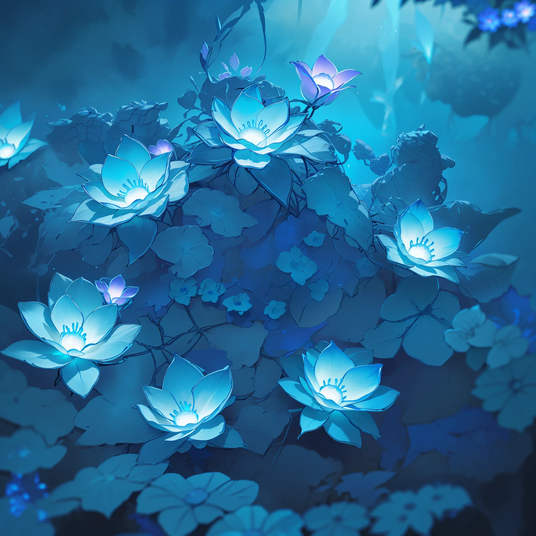 there are many white flowers in the dark with a black background, glowing flowers, luminous flowers, beautiful blue lights, glowing blue, bioluminescent plants, night sky full of flowers, by Bruce Munro, blues. beautiful, ethereal blue lighting, blue lights, field of flowers at night, blue flowers, blue bioluminescence
