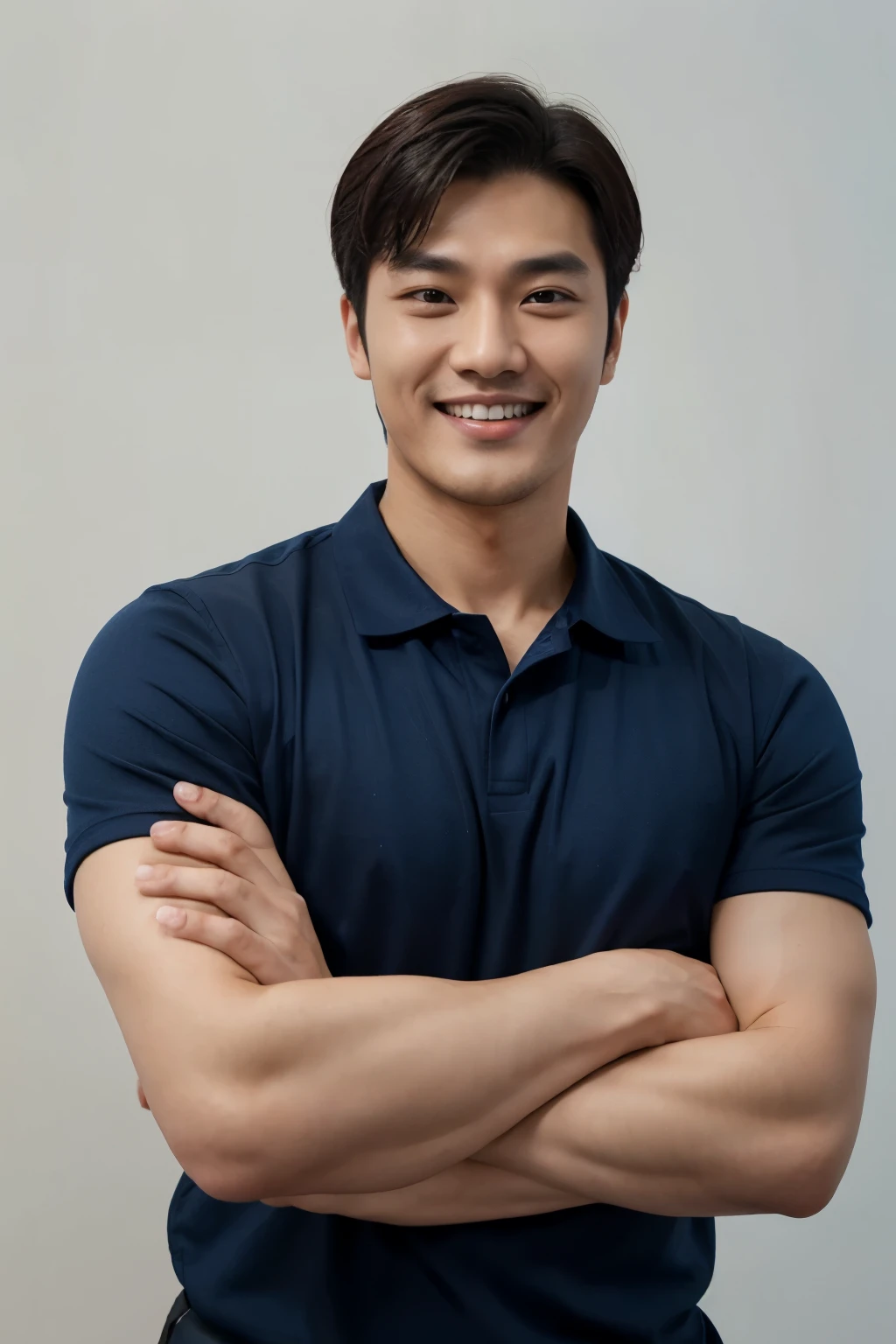Firefighter in his 20s，with short black hair， Wear a navy shirt, High-res, tmasterpiece, best qualtiy, Head:1.3,((Hasselblad photograp)), Fine fine skin, Clear focus, (Cinematic lighting), during night, Gentle lighting, dynamic angle, [:(Detailed face:1.2):0.2],(((Exercise))), sport, The arm muscles are very large, Hands in the crotch.