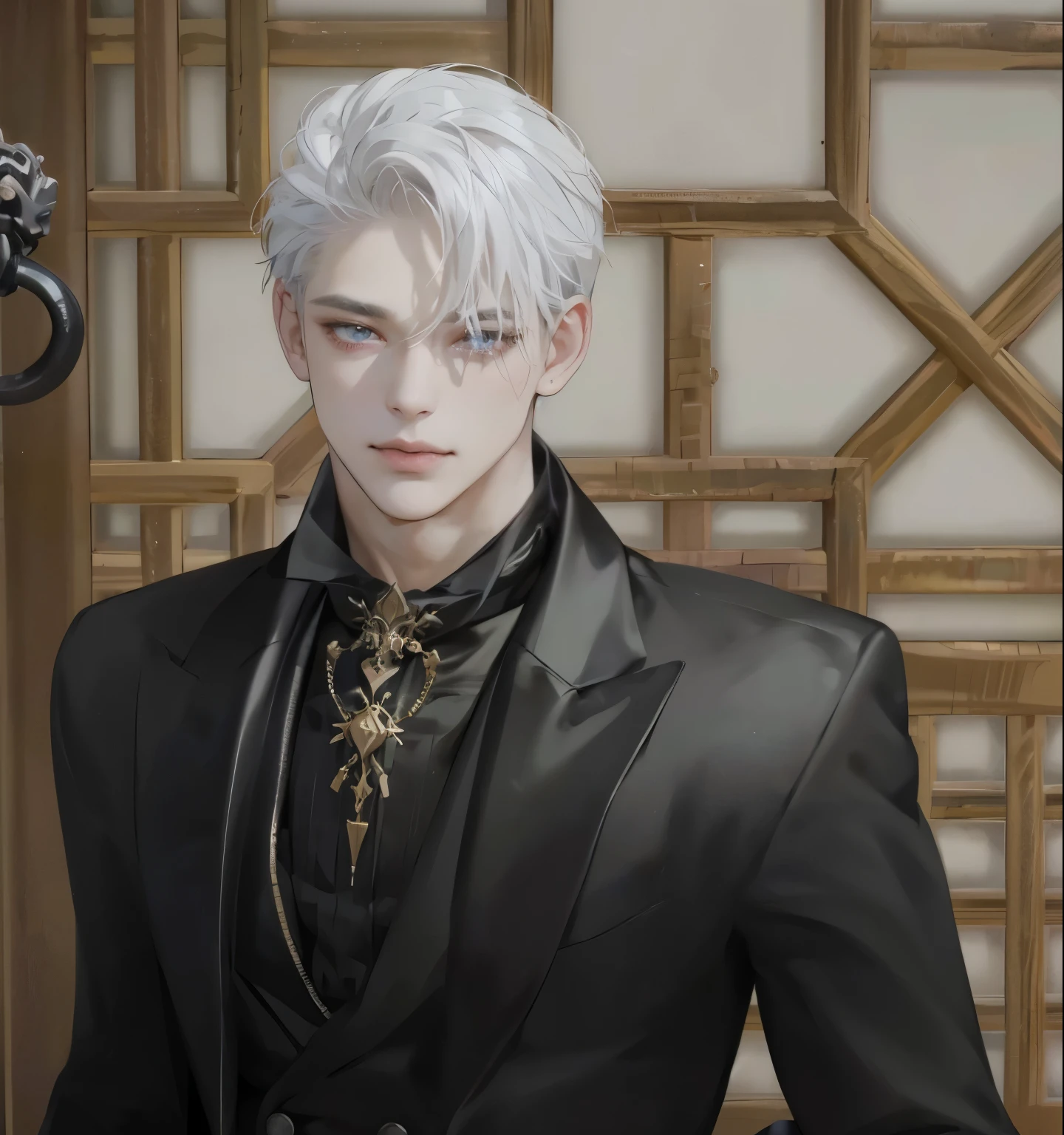 longeyelashes, sharp eyes, light smile, white hair, very short hair, earrings, glowing eyes, white eyes, makeup, determined, Verism, anime style, chiaroscuro, cinematic lighting, sparkle, stereogram, (((projected inset, high details, highres, 8k, best quality, high quality, super detail, masterpiece))), male, 일러스트