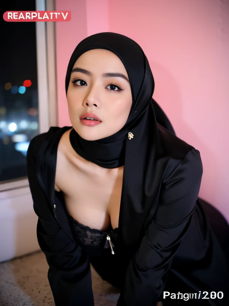 1 matured malay girl in hijab wear sexy wet black satin bra and panties kneeling, nighttime, neon city lights, upper body, close-up, seducing, big sagging breast, cum on face, (8k, RAW photo, best quality, masterpiece:1.2),(realistic, photo-realistic:1.37),