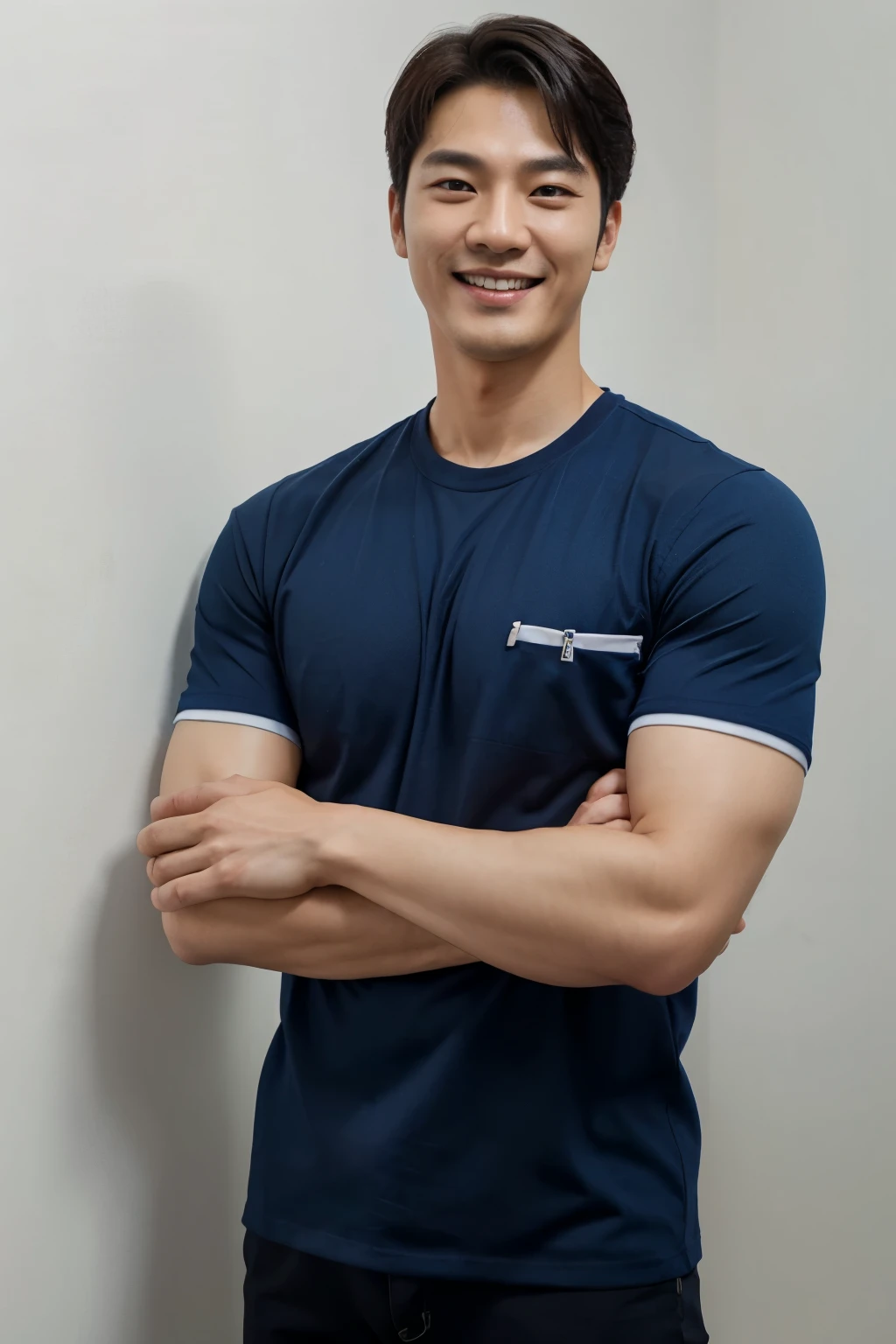 Korean actor Jo Jung-seok, Upper body view of plumbing expert wearing dark blue work shirt with arms crossed forward smiling with bright smile, height 186cm, white wall background, advertising image, clean image, friendly image, commercial banner, corporate photo, Official image, kindness, The entire device,