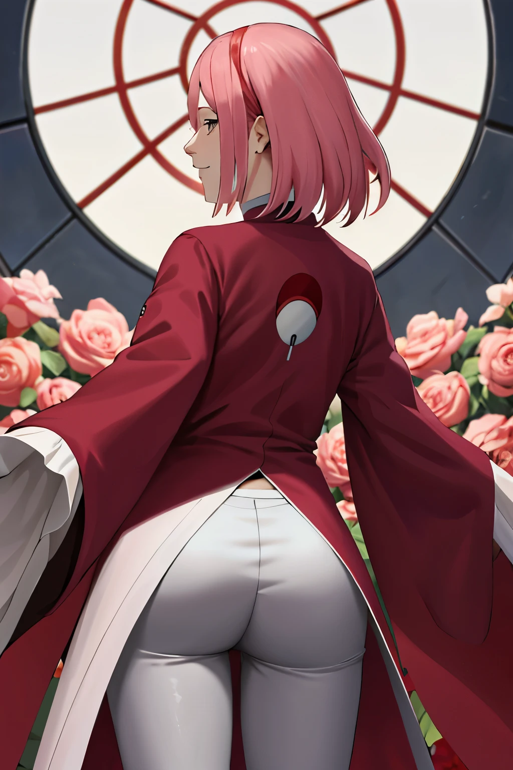 obra de arte, absurdos ,1 garota, haruno sakura,marca na testa, faixa de cabelo vermelha, bunda gigante, vestido vermelho sem mangas,pulseira, from behind, White pants, (uchiha coat of arms), olhando para o espectador, ar livre, flores de cerejeira, cabelo flutuante, sorriso, tiro de vaqueiro,
