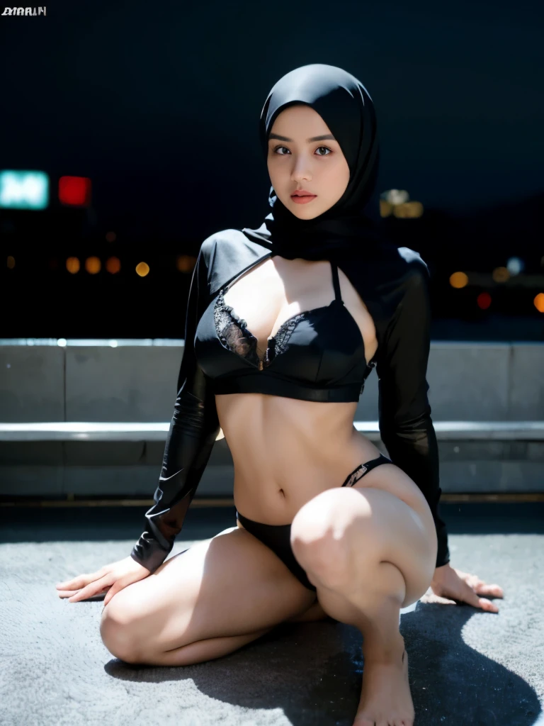 1 matured malay girl in hijab wear sexy wet black satin bra and panties kneeling, nighttime, neon city lights, upper body, close-up, seducing, big sagging breast, cum on face, (8k, RAW photo, best quality, masterpiece:1.2),(realistic, photo-realistic:1.37),