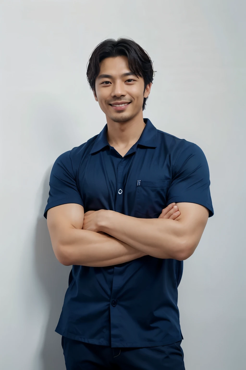 Korean actor Gong Yoo, Upper body view of plumbing expert wearing dark blue work shirt with arms crossed forward smiling with bright smile, height 188cm, white wall background, advertising image, clean image, friendly image, commercial banner, corporate photo, Official image, kindness, The entire device, 
