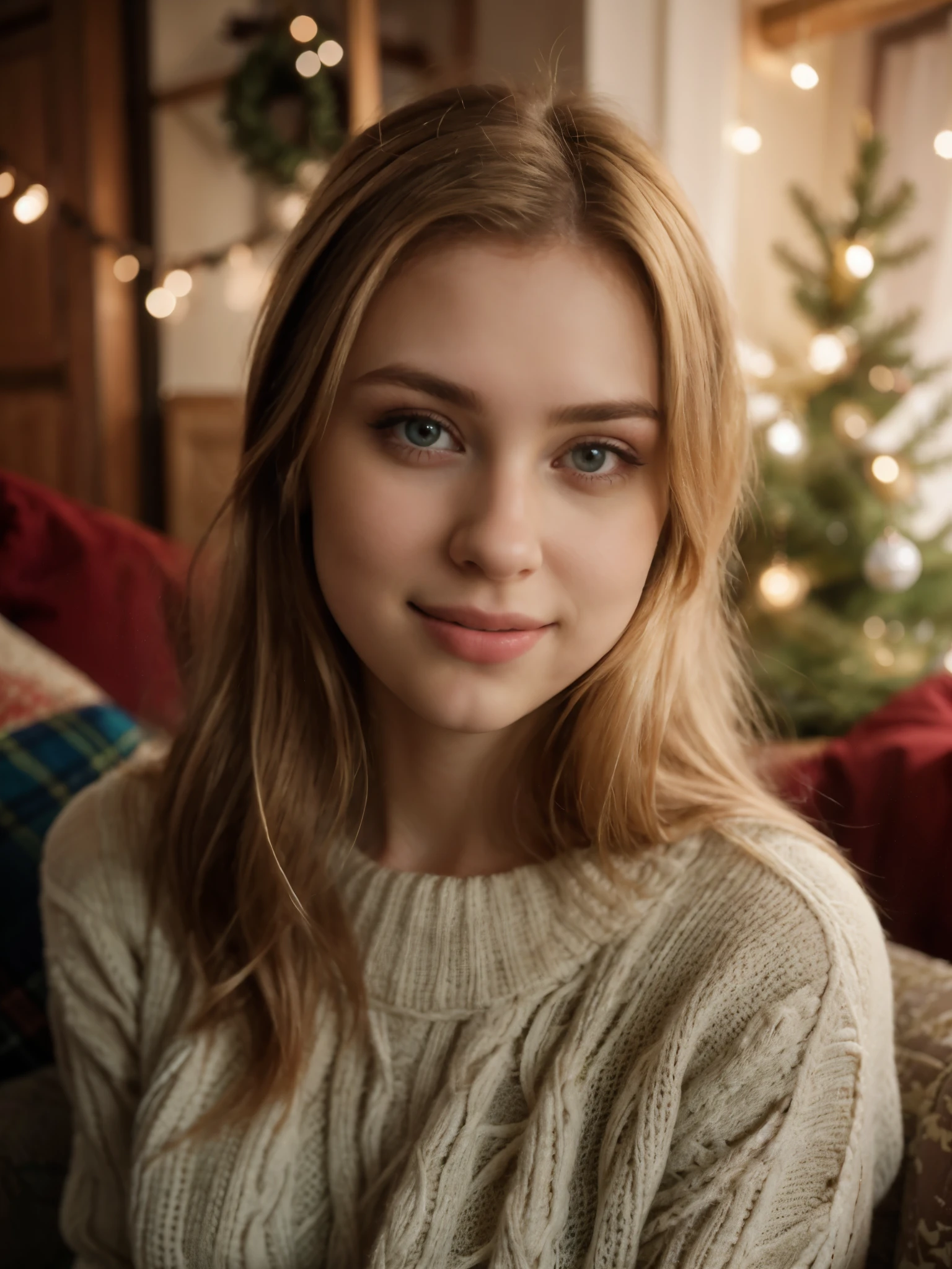 arafed woman sitting on a couch in front of a christmas tree, cute young woman, cute young girl, gorgeous young model, beautiful young girl, perfectly lit face, young and cute girl, portrait sophie mudd, soft portrait shot 8 k, good young girl, beautiful young woman, a cute young woman, warm and gentle smile, attractive girl, beautiful soft lighting