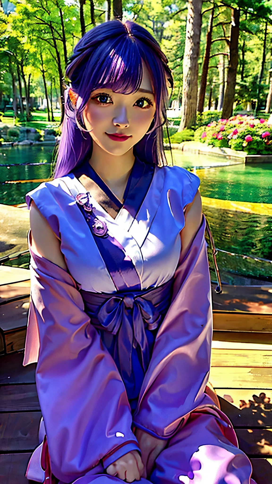 1 chica, Full body photography, Athletic, miko clothing, purple hair, long hair, purple eyes, Hanyuu Furude cosplay, constituir, volumetric lighting, Mejor calidad, obra maestra, profesional, top-quality, photos realistic, Mystical expression, ultrasharp, (shrine background), detalles intrincados, mapeo de tonos, Sharp focus, hiper detallado, tendencia en artstation, Realista, belleza de talla mundial, joy face, vista frontal, detailed background, centered photo