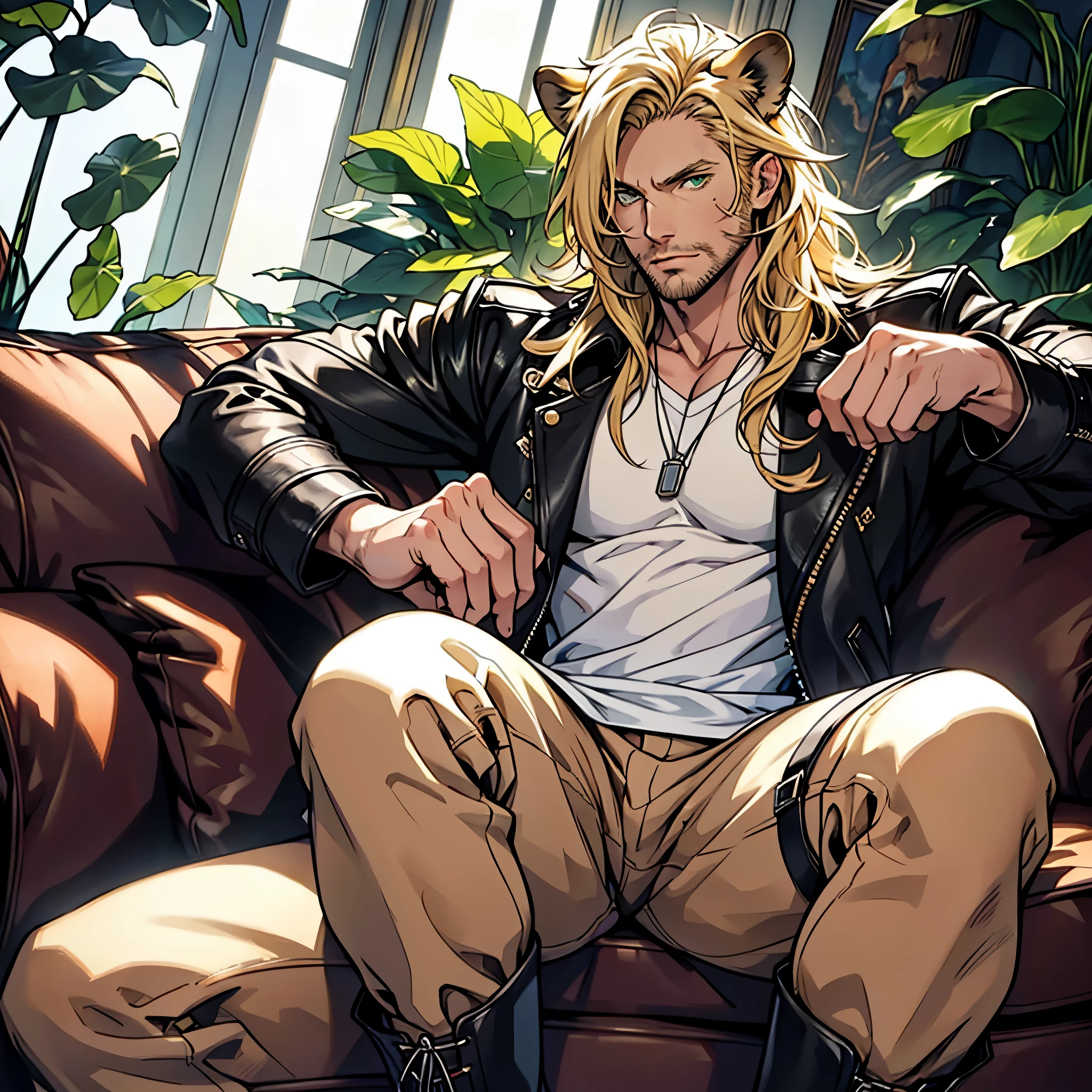 leather jacket, ((one male)), lion ears, long hair, blond, blond hair, green eyes, tall, muscular, white shirt, ((beautiful face)), ((highest quality)), ((masterpiece)), ((2d)), (anime), perfect face, (((highest detail))), feline eyes, stubble, lion tail, wavy hair, (far shot), (((detailed face))), intricate details, ((sitting on white couch)), white background, black boots
