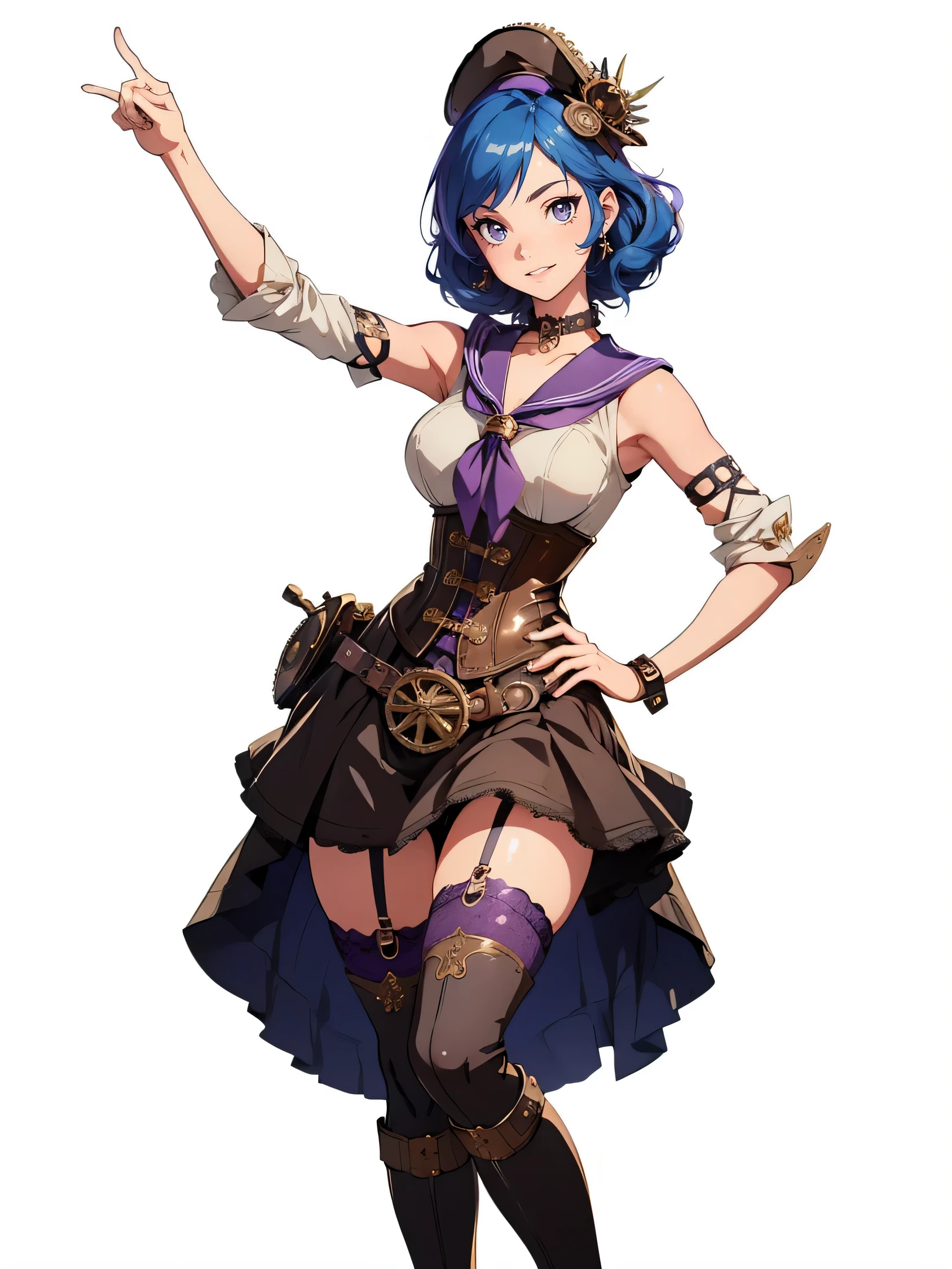 masterpiece, high quality, illustration, extremely detailed, steampunk town, standing, 1_women, (full body), (bright blue hair), medium length hair, cute bangs, flowing hair, (exotic skin_complexion:1.4),mature, tall, (hand on hip), (pointing up), beautiful, exotic, elegant, slim, (((sailor collar))), sleeveless, black thigh highs, choker, medium bust, (brown steampunk corset), black ta style skirt, knee high brown boots with laces, black elegant elbow gloves, diamond shaped eyes, (((purple eyes))), dark_eyeliner, long_eyelashes), natural dynamic lighting, smiling, happy, steampunk