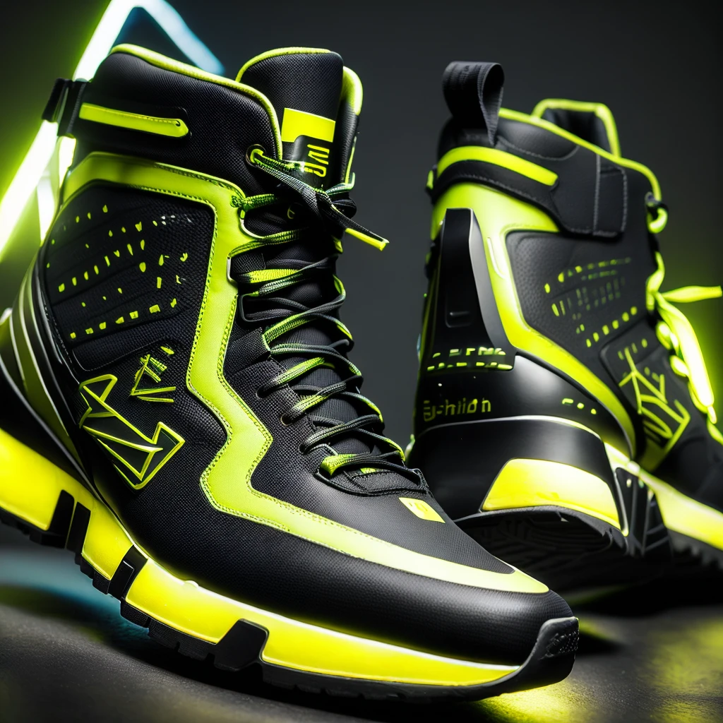 (product photography of cyberpunk sneakers: yellow and lime patterns black main color, sole with instep supports), Epic render, octane number, atmosphere, particles, soft volumetric light, (with backlight:1.3), (Cinematic:1.3), complex parts, (art station:1.3)
