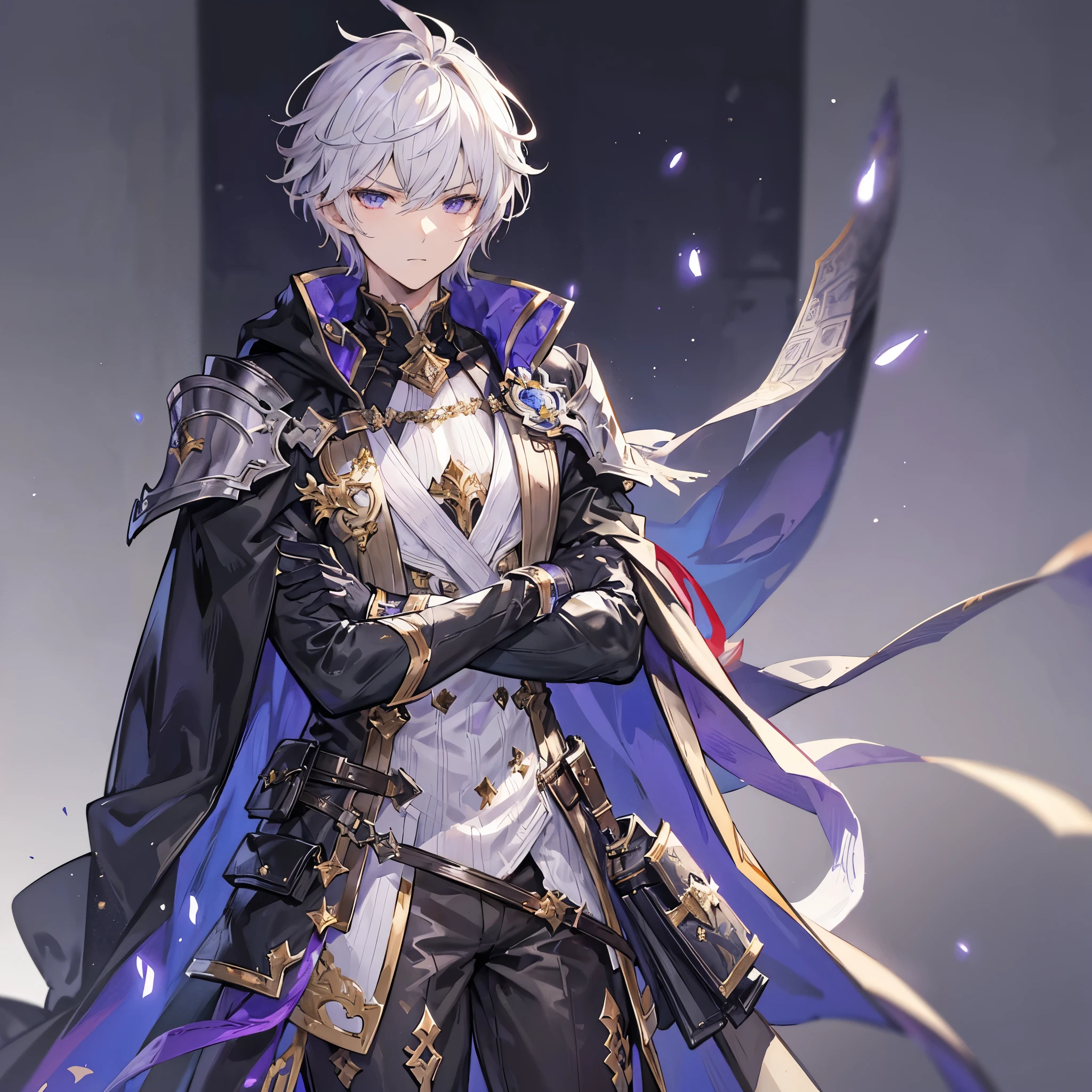 Handsome male, 17 years old, teenager, short white hair, golden purple eyes, lucilius from granblue fantasy, close up, calm expression, stoic, grey military clothes, black cape, black gloves, crossed arms, upper body, looking at viewer, cowboy shot, black hallway background