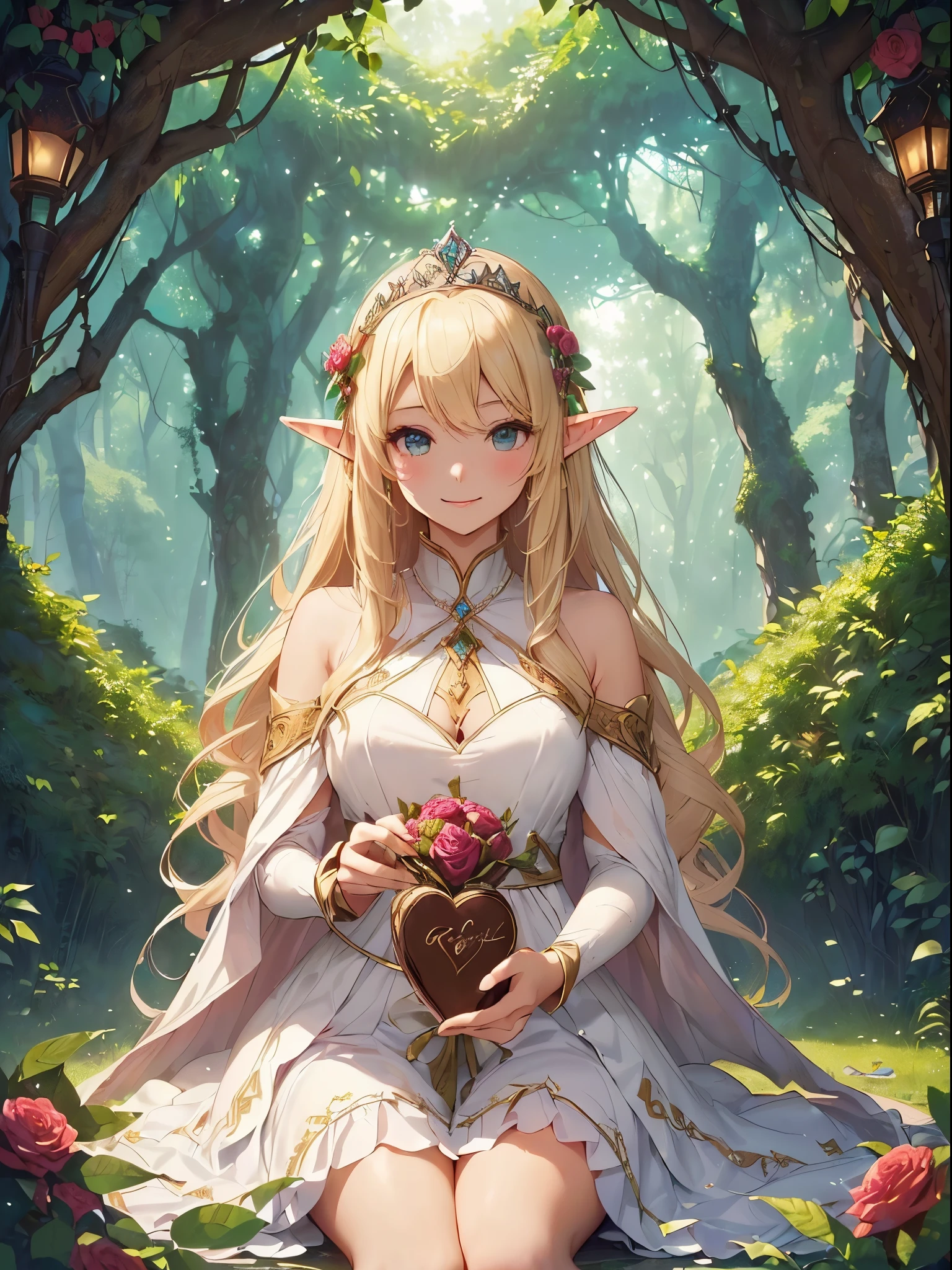 highest quality、Highest image quality、masterpiece、、Super beautiful elf beauty((22 years old OL big bust、bust 90,beautiful long ironed hair、blonde、Height: 165cm。slender、white dress、Esbian、beautiful tiara、High quality、beautiful art、Elven Forest、真night中、Big Heart Present、Beautifully packaged chocolates、chocolate party、valentine's day、muste piece、visual art、Depth of bounds written、、elf ears、、光のmagic、night、universe、A happy smile、gentle light、、、ticker beautiful decorative、elegant、mystical rosa、 heaven、beautiful dressy、beautiful dress、、giant galaxy、morning、myth、ART、Lord of the Ring、friendly smile、Fantastic、mysterious forest、in the forest、magicの光、fantasy、flower、super REALITYMany roses、magic、Fairy World、Lots of chocolate、Saintvalentine's day、Byzantine、Rome ART