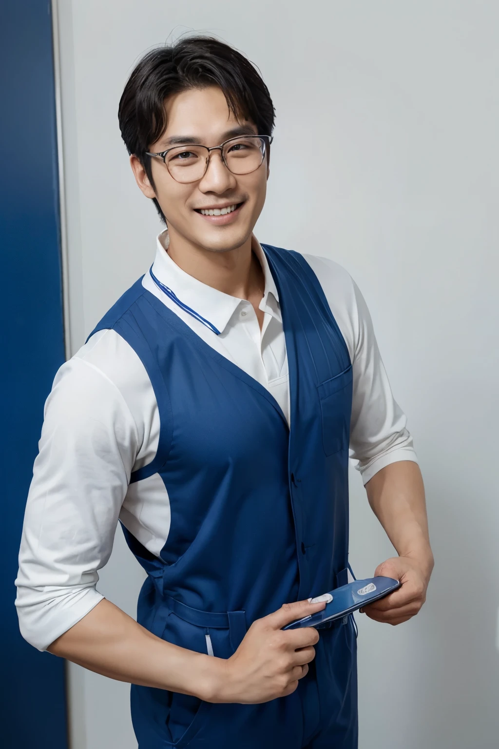 Korean actor Ryu Hae-jin, thumb forward, Upper body of a plumbing expert wearing a dark blue jumpsuit smiling with a bright smile, height 175cm, white wall background, advertising image, clean image, friendly image, commercial banner, corporate photo, Official image, kindness, The entire device, glasses, 