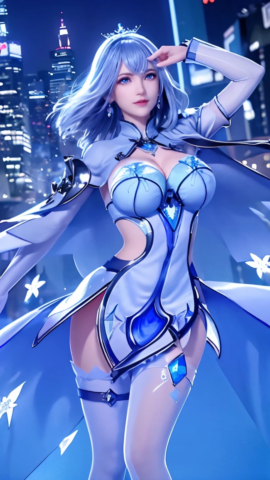 1 girl,aldult, cityscape, night,looking at the audience, blue eyes,short skirt,Medium-long gray hair, blue hair,cape, white pantyhose,snowflake, flowery, jewelry, gem,shining, thigh strap,huge 、huge breasts，4K screen，Dance，exposing her breasts、breasts on display，