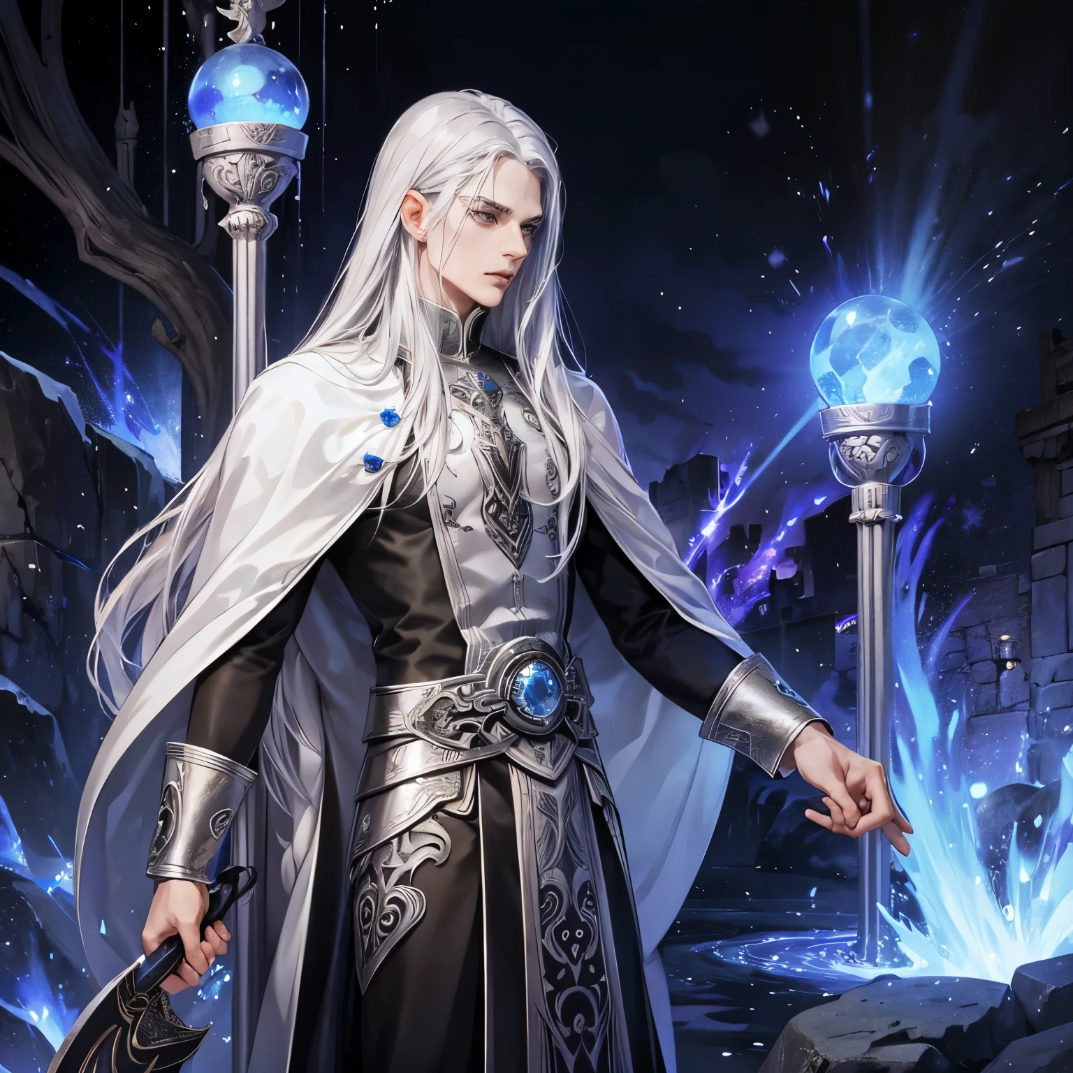 Male mage, long silver hair, silver eyes, shadow monarch, daggers, sexy suit, droplets of water, dungeon, raid, hunter, chiseled jaw, handsome, beauty