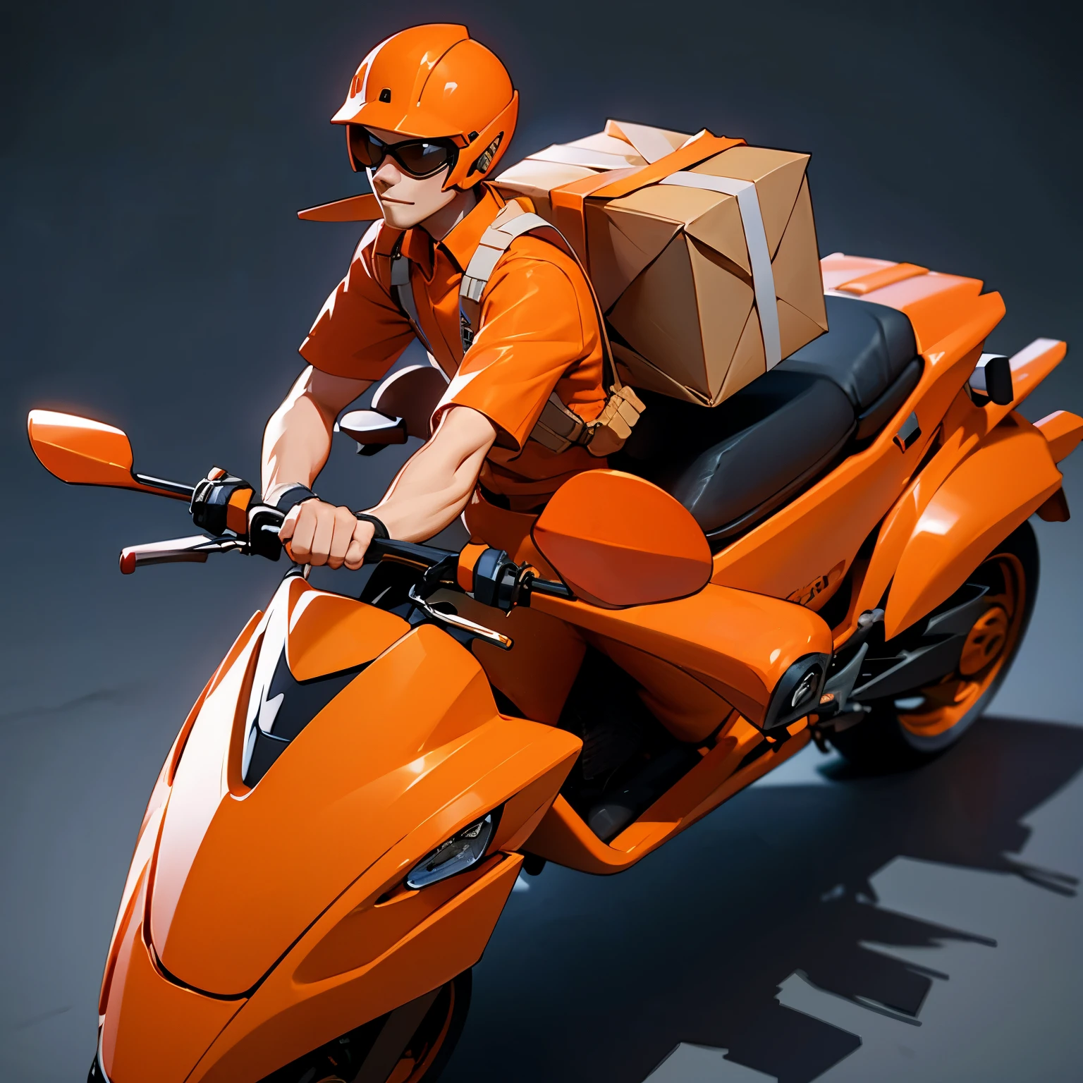 create a 3D image of a man in an orange shirt carrying a parcel and motorbike