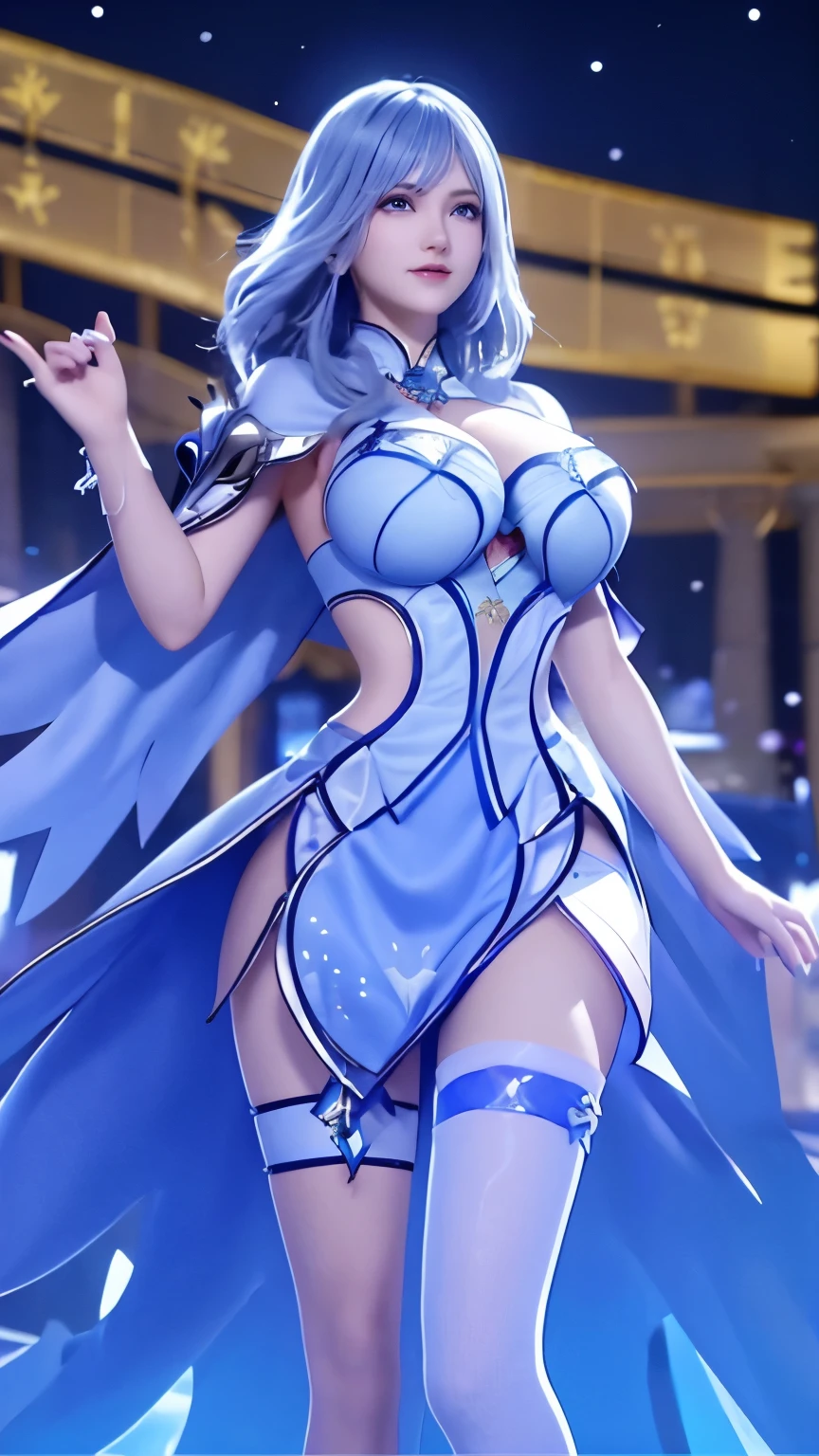 1 girl,aldult, cityscape, night,looking at the audience, blue eyes,short skirt,Medium-long gray hair, blue hair,cape, white pantyhose,snowflake, flowery, jewelry, gem,shining, thigh strap,huge 、huge breasts,4K screen,Dance,exposing her breasts、breasts on display,huge胸部,huge乳房,Show breasts,exposing her chest,huge乳房,Show breasts,exposing her chest,huge胸部,huge胸部,Show breasts,huge胸部,Show breasts,