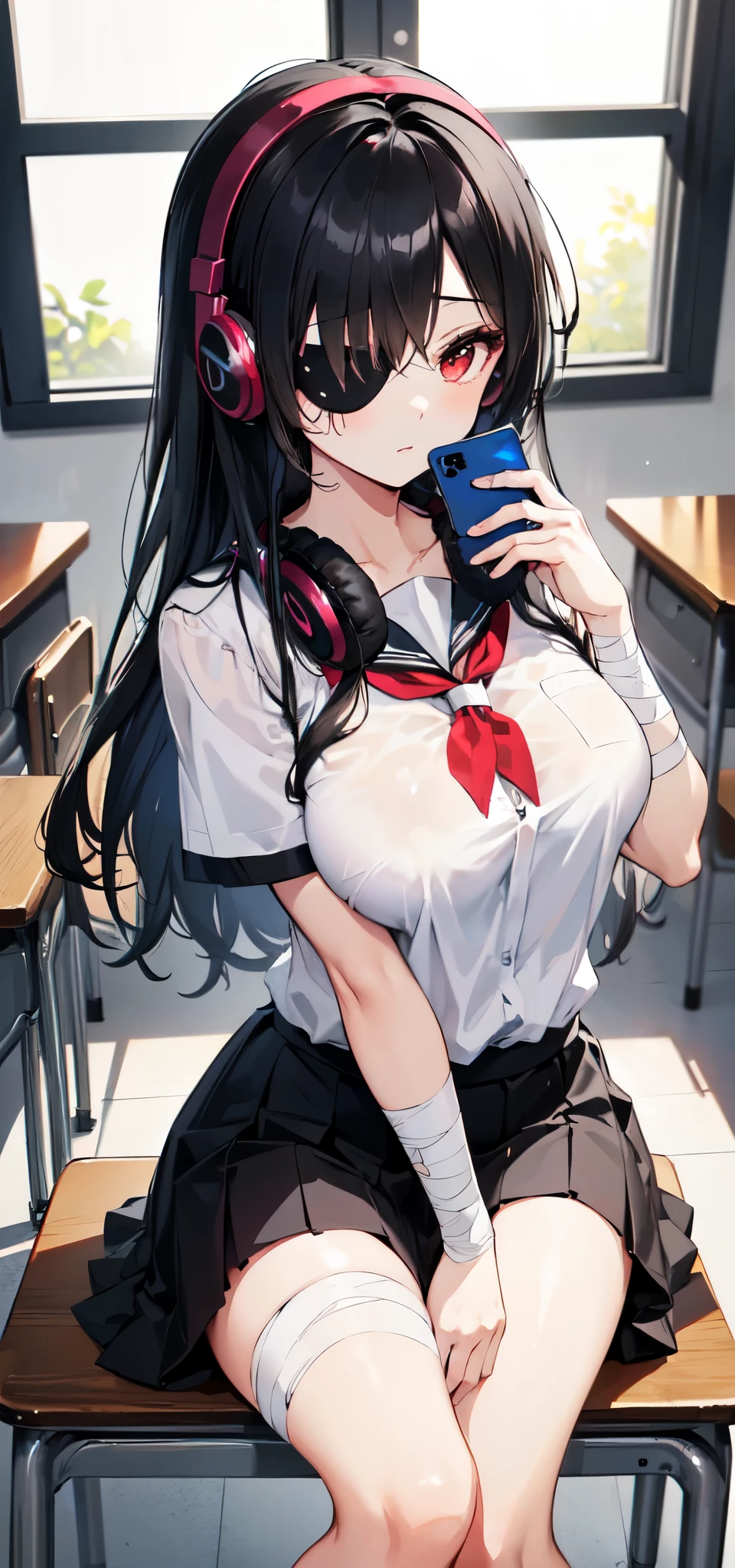 ((masterpiece, best quality)), High resolution, distinct image, (1girl), (solo), (female Focus), sitting on chair, (gotich style, black school uniform, eye patch, bandage at arm, headphones, checking her cellphone), (long black hair), (hair over one eye), (red eyes), (eyelashes), (large breasts 1.4),  classroom, school oficial art, 
