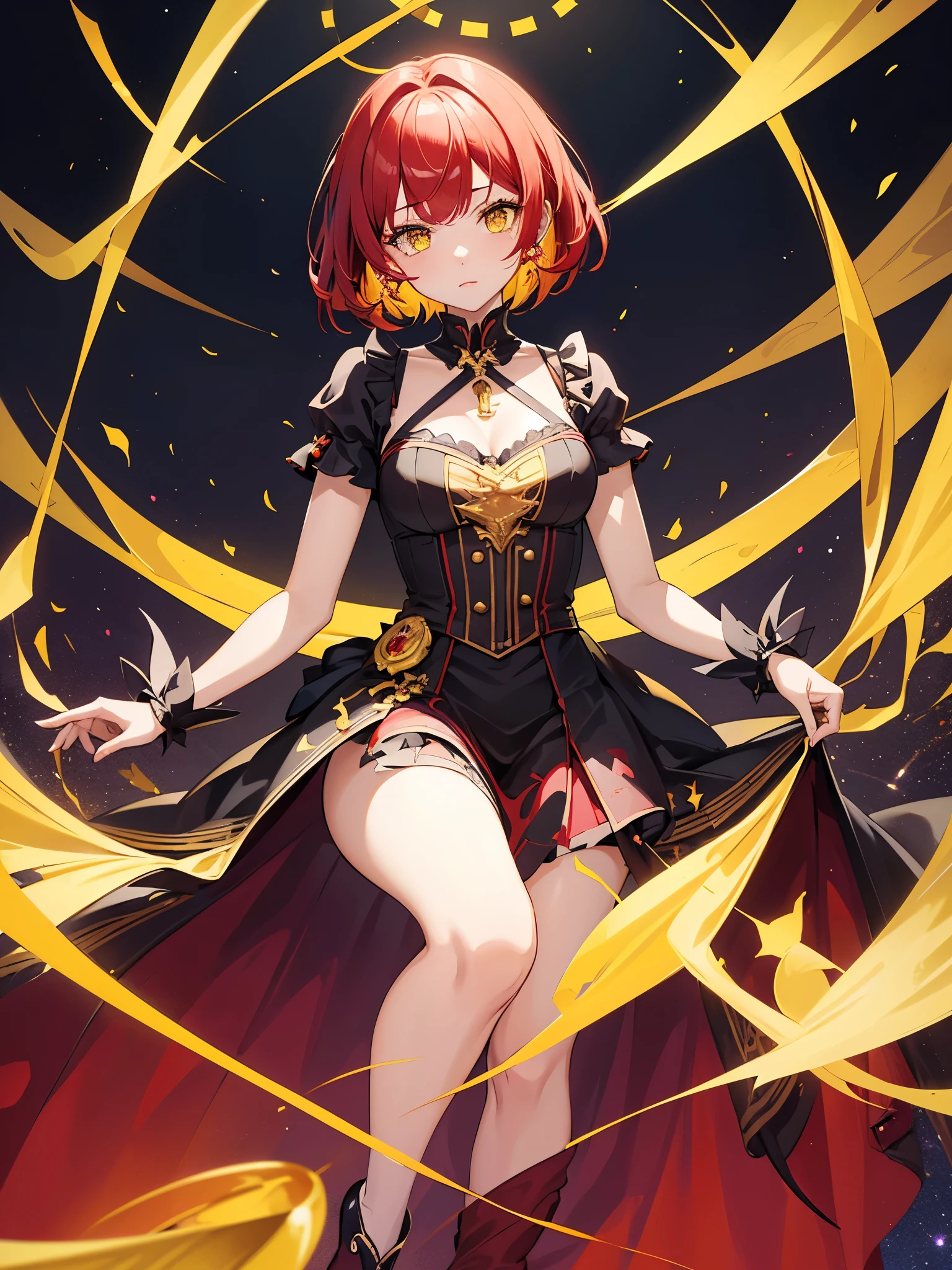 1girl, short straight hair, ((yellow skin)), Violet eyes, dark red hair, ((German style dress)), ((idol)), ((magical girl)), Blood red dress