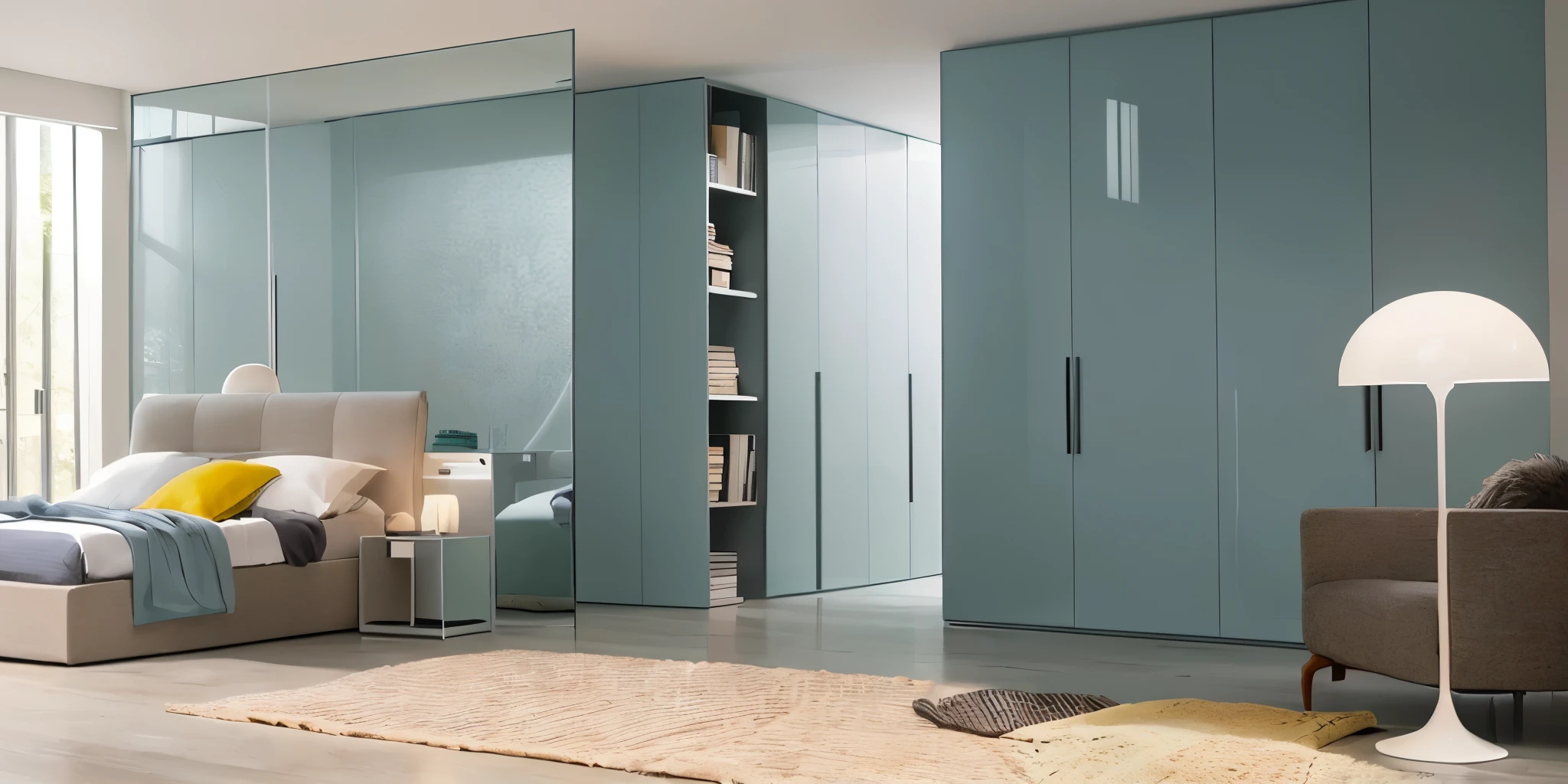 Arafad bedroom with bed, Chair, and a bookshelf, elegant wardrobe, lacquered glass, high Gloss, Mirror and glass surfaces, Glossy design, Gloss finish, Nested glass door, Elegant futuristic wardrobe, color, Frameless, Gloss, Glossy surface, Glossy, cupboard, Opaque glass, glass window, peaceful scene, contemporary, Stylish utopian design
