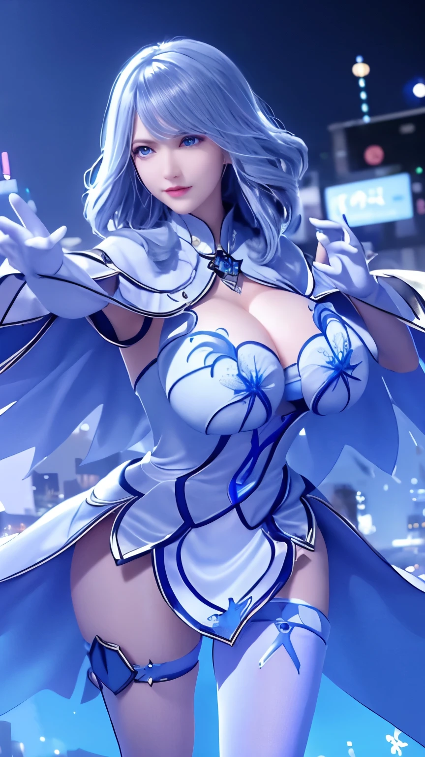 1 girl,aldult, cityscape, night,looking at the audience, blue eyes,short skirt,Medium-long gray hair, blue hair,cape, white pantyhose,snowflake, flowery, jewelry, gem,shining, thigh strap,huge 、huge breasts，4K screen，Dance，exposing her breasts、breasts on display，huge胸部，huge乳房，Show breasts，exposing her chest，huge乳房，Show breasts，exposing her chest，huge胸部，huge胸部，Show breasts，huge胸部，Show breasts，