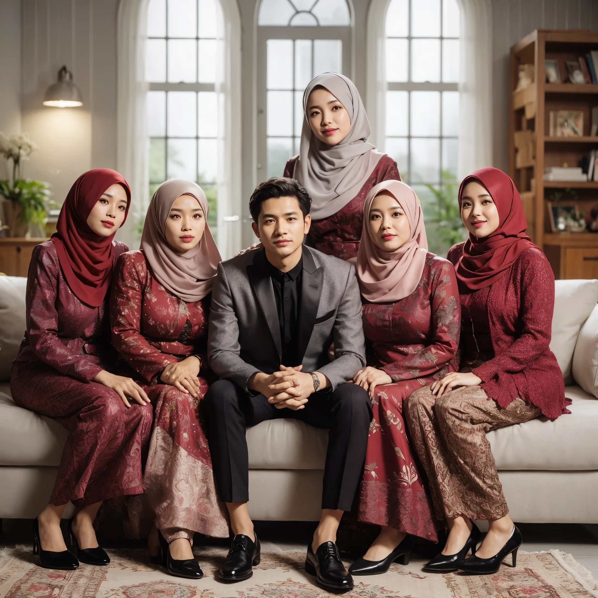 Create a friendly close up photo style, clean face 31-year-old Indonesian MEN, TWO 58-year-old women, wearing hijab, THREE 35-year-old women, wearing hijab. Those wearing black suits and matching new maroon BATIK KEBAYA colors, wear black shoes. Posing sitting on a sofa, the studio has a backdrop of a mansion. Details. fresh color, yellow lighting, realistic, 8k, HD.